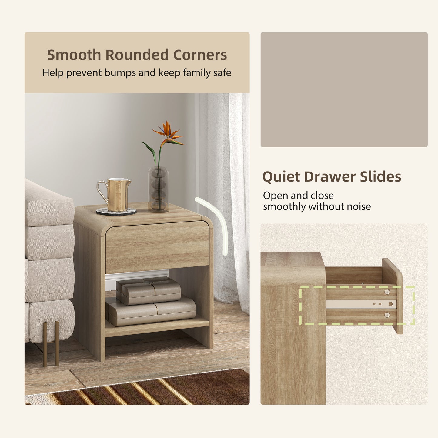 HOMCOM Bedside Tables Set Of 2 With Rounded Corners Modern Nightstands Silent Drawers For Bedroom Natural Finish