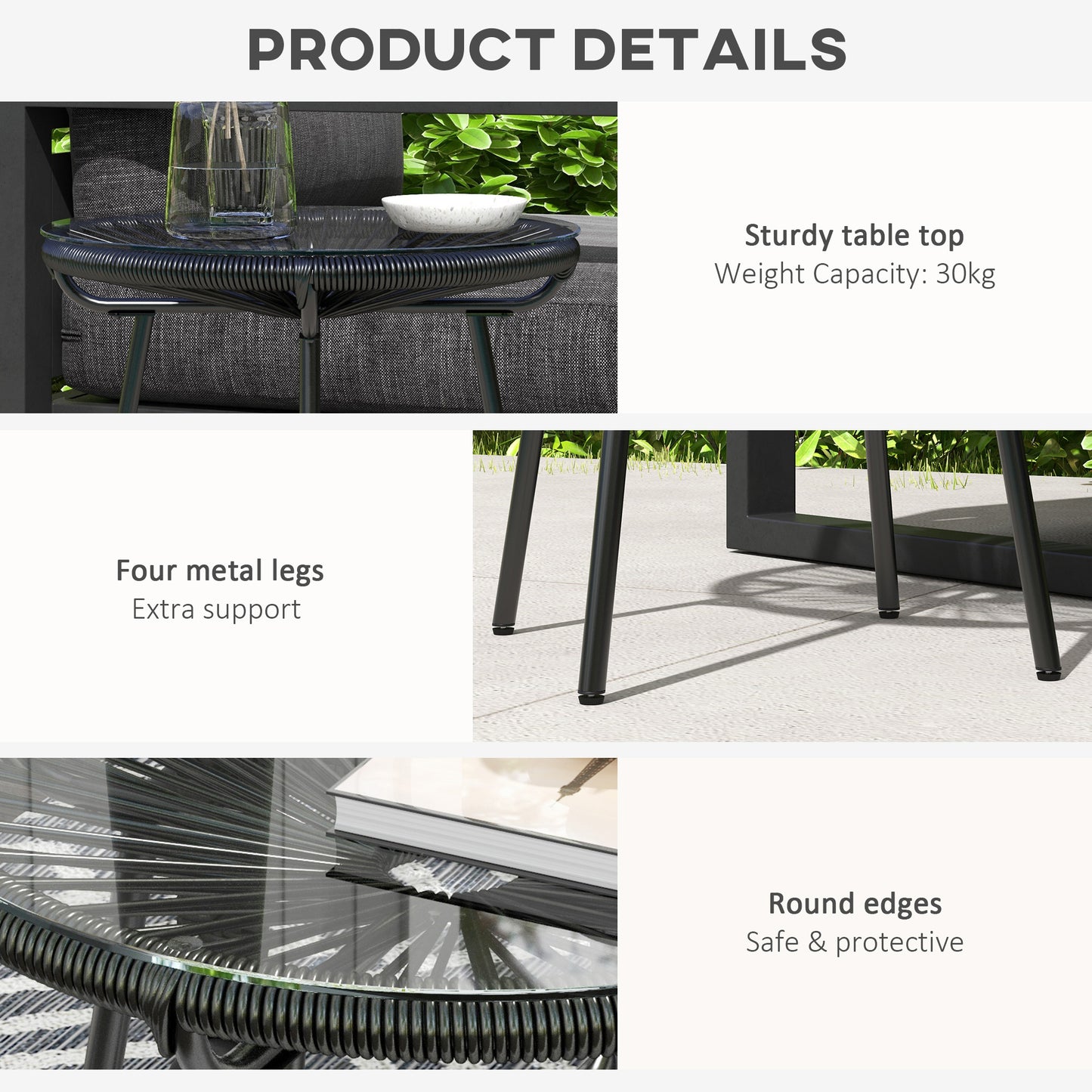 Outsunny Rattan Side Table Round Coffee Table With PE Rattan And Tempered Glass Top For Patio Garden Balcony Black