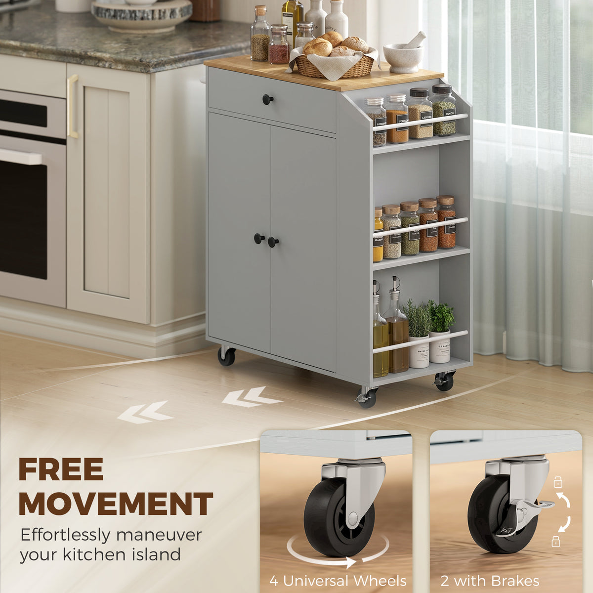 Light gray rolling kitchen island cart with open shelving, spice rack, and caster wheels