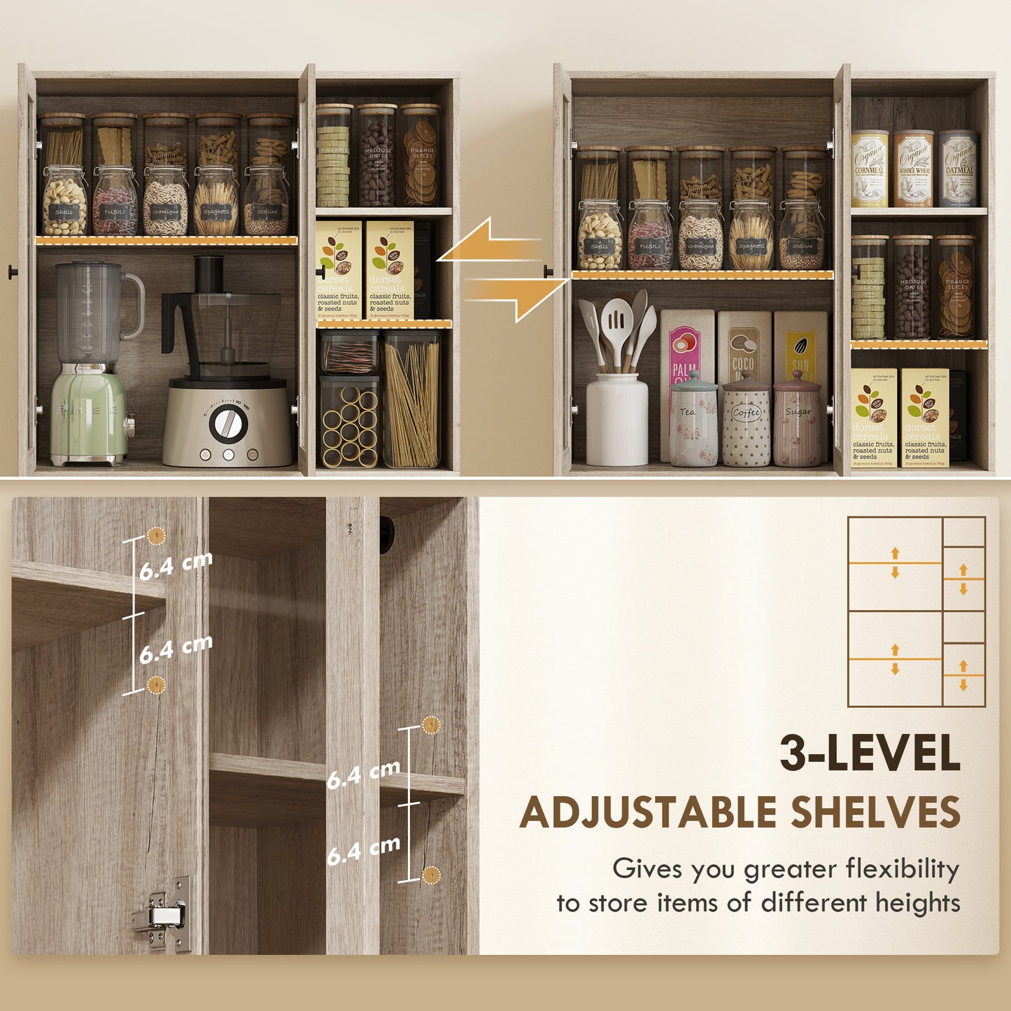 Homcom Multi Storage Kitchen Cabinet With Glass Doors Grey Wood Effect Soft Close Hinges Adjustable Shelves