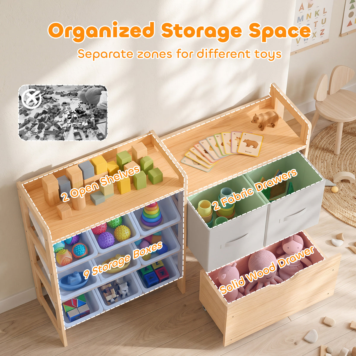 Light wood kids toy storage cabinet with open shelves, fabric drawer bins, and storage boxes