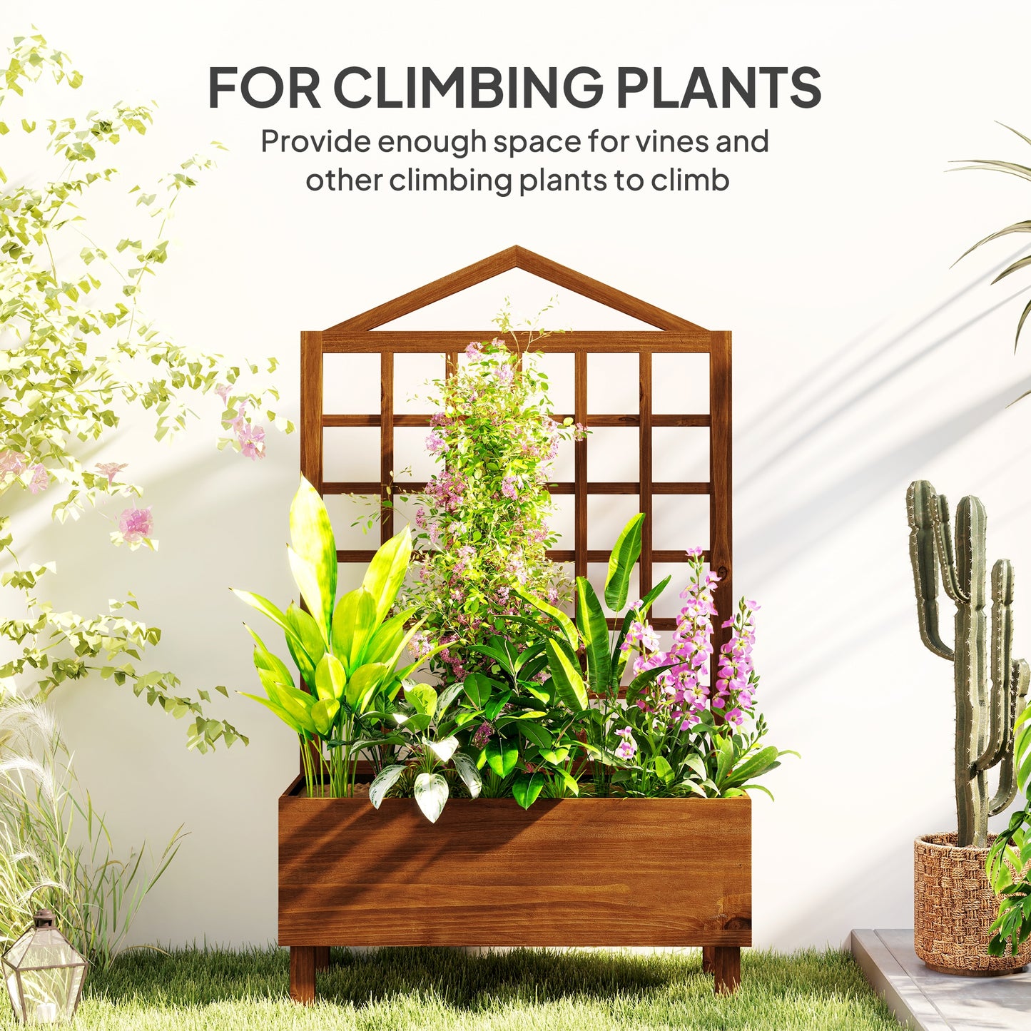 Outsunny Garden Planter With Trellis For Vines Distressed Wooden Raised Bed 90x43x150cm Brown Outdoor