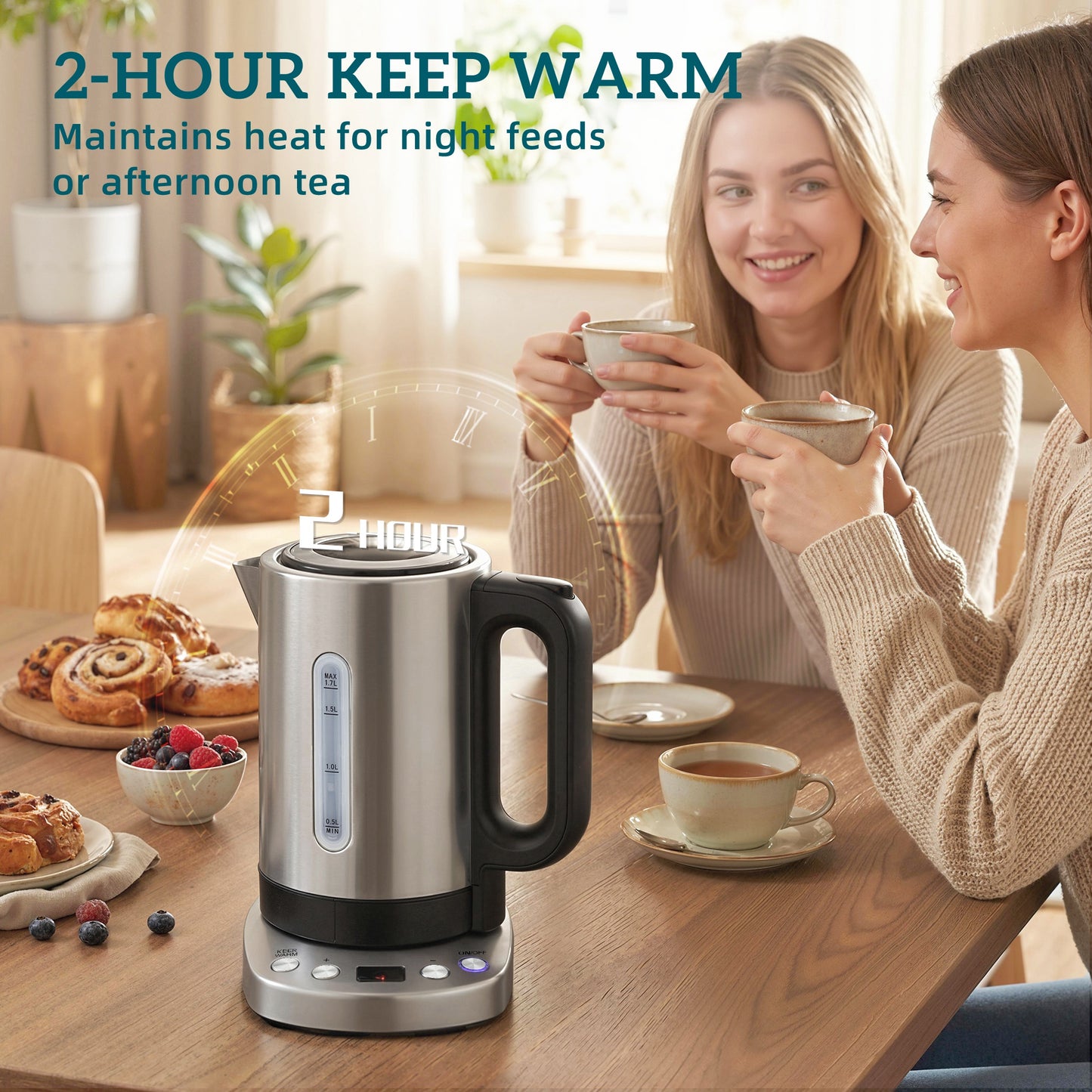 HOMCOM Electric Kettle 1.7L 3000W Fast Boil With UK Strix Thermostat Keep Warm Function LCD Base Silver Tone