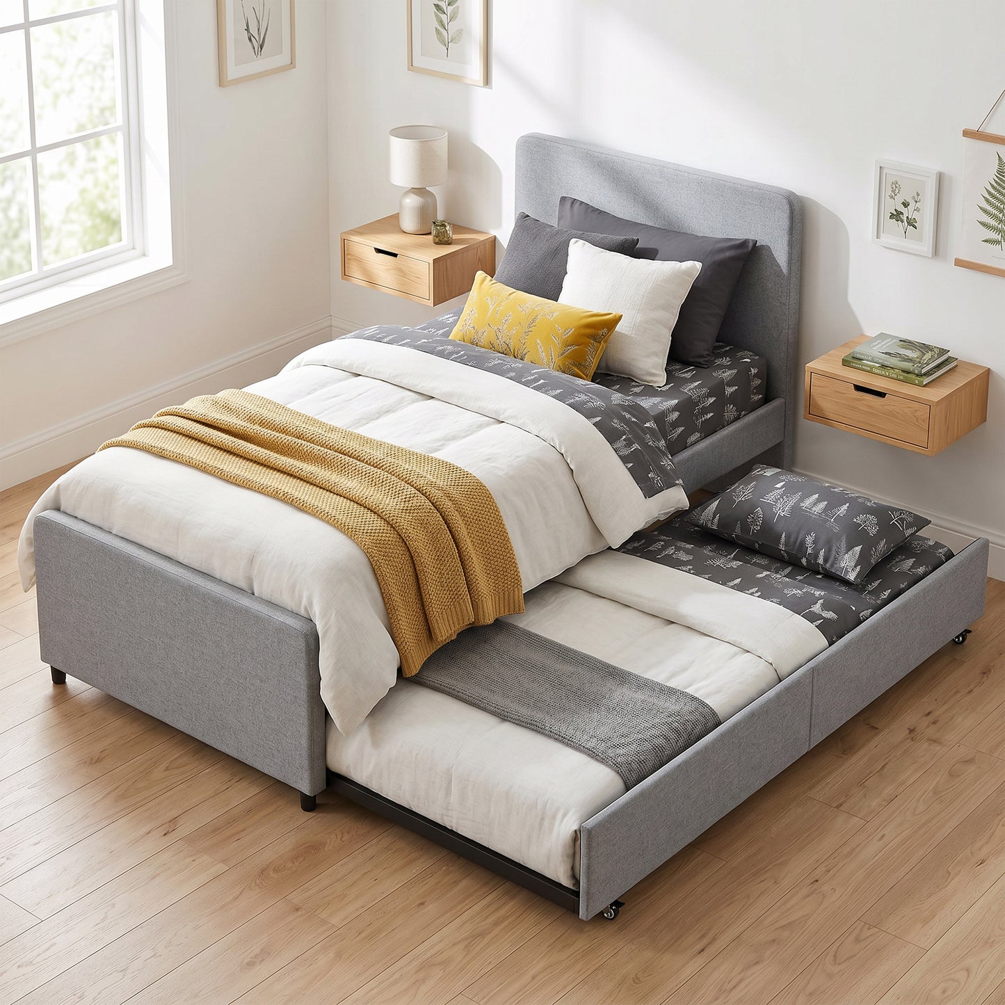 HOMCOM 3ft Single Bed Frame with Trundle Upholstered Pull Out Trundle Bed with Headboard And Footboard Light Grey