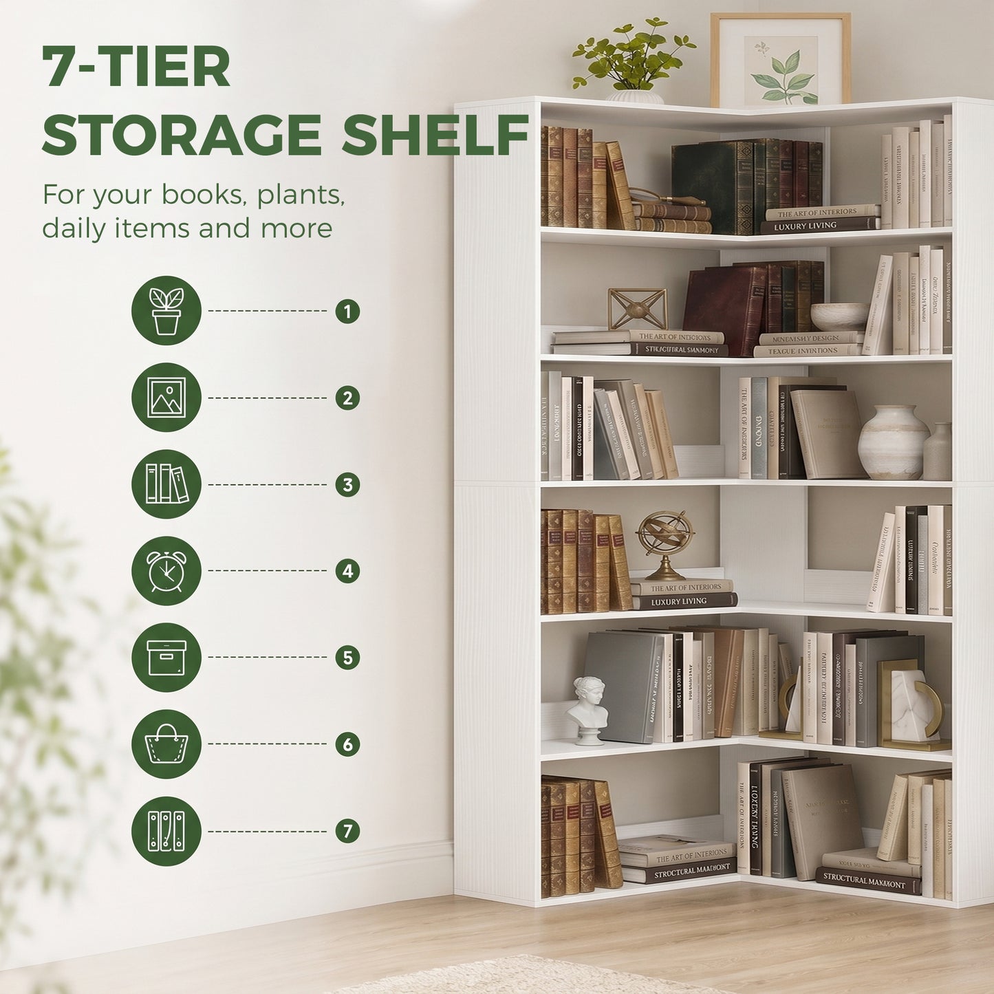 HOMCOM 7 Tier L Shaped Corner Bookshelf White Wood Effect 180 cm Tall With Anti Slip Rear Guard