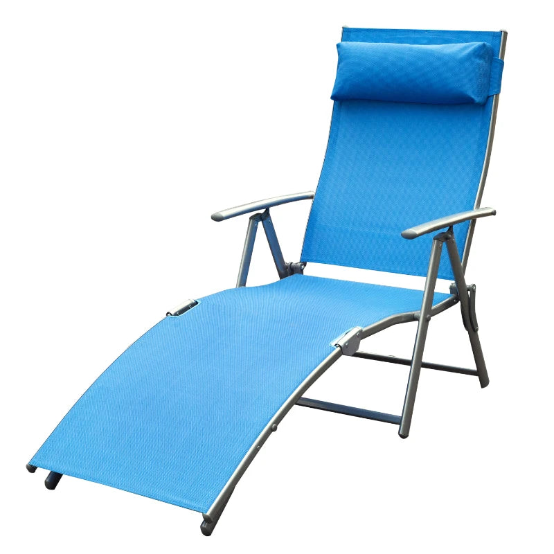 Outsunny Blue Folding Sun Lounger with Headrest - Steel Frame Outdoor Chaise Lounge Chair, 7-Level Adjustable Recliner - ALL4U RETAILER LTD