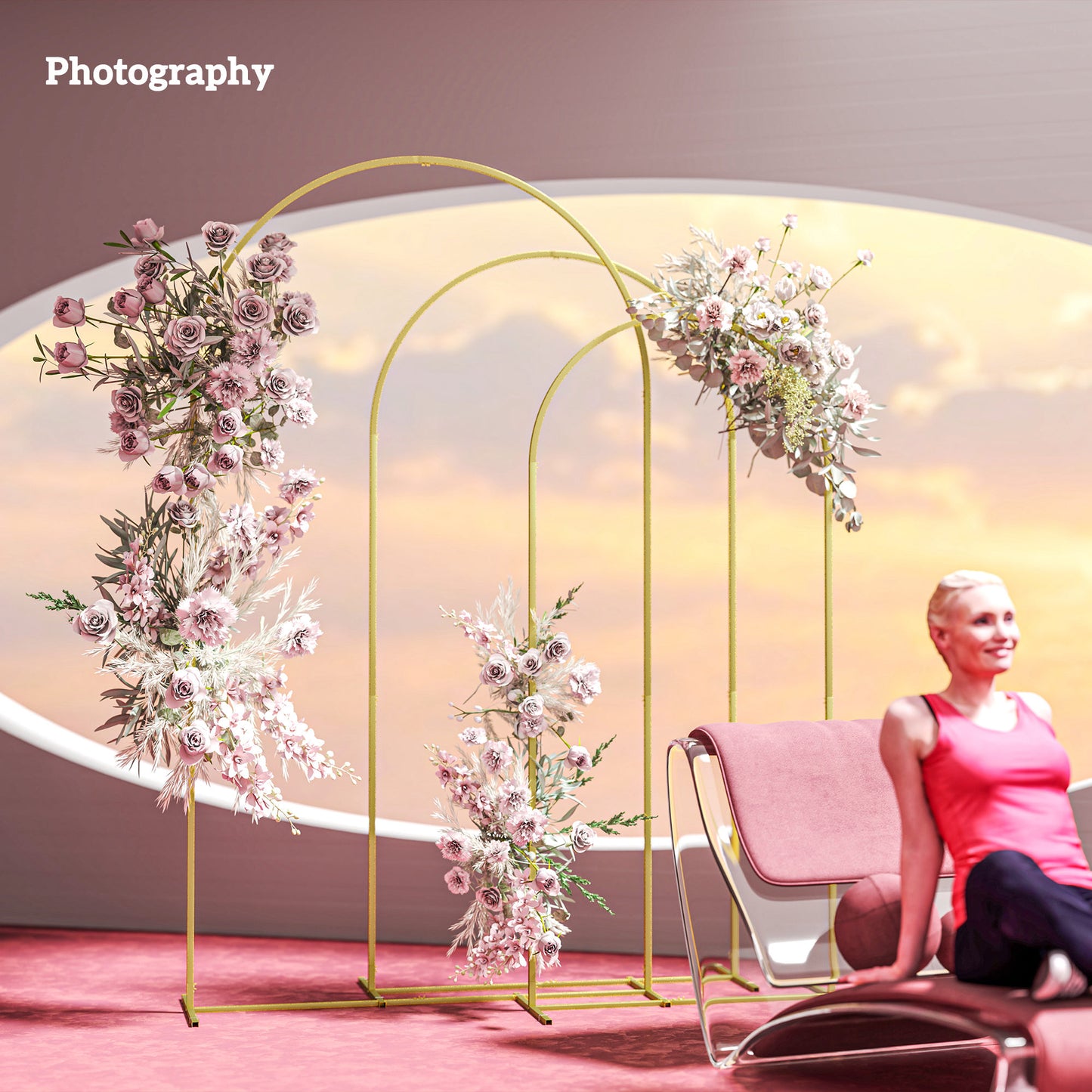 Outsunny Wedding Arch Frame Set 3 Metal Backdrop Stands Gold Tone 1.8m 2m 2.2m Balloon Stand Set For Parties