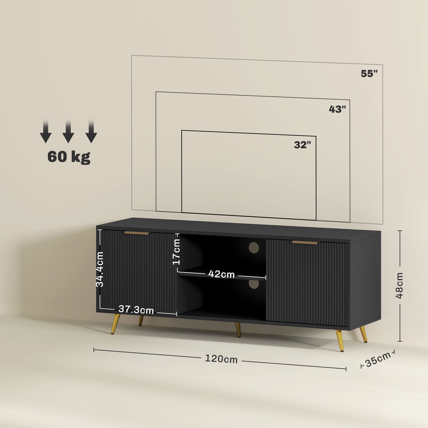 HOMCOM Modern TV Stand Cabinet For TVs Up 55Inch With Open Shelves And 2 Cabinets Cable Management Living Room Black
