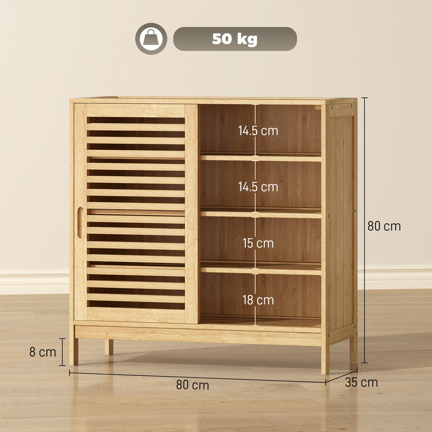 Homcom Bamboo Shoe Cabinet With Two Sliding Slat Doors And Adjustable Shelves For 16 Pairs Natural Finish