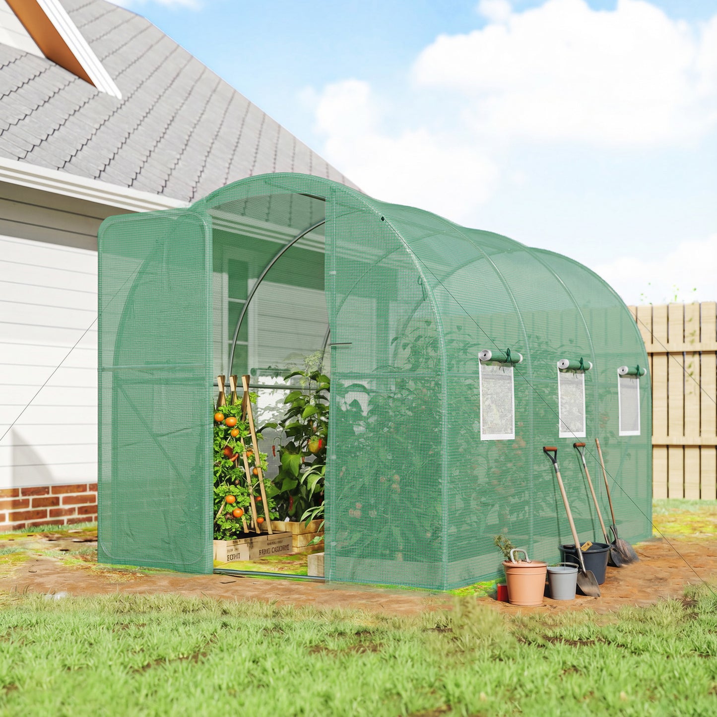 Outsunny 2 x 3 m Walk In Polytunnel Greenhouse With Hinged Door And 6 Roll Up Mesh Windows Garden Tunnel Green