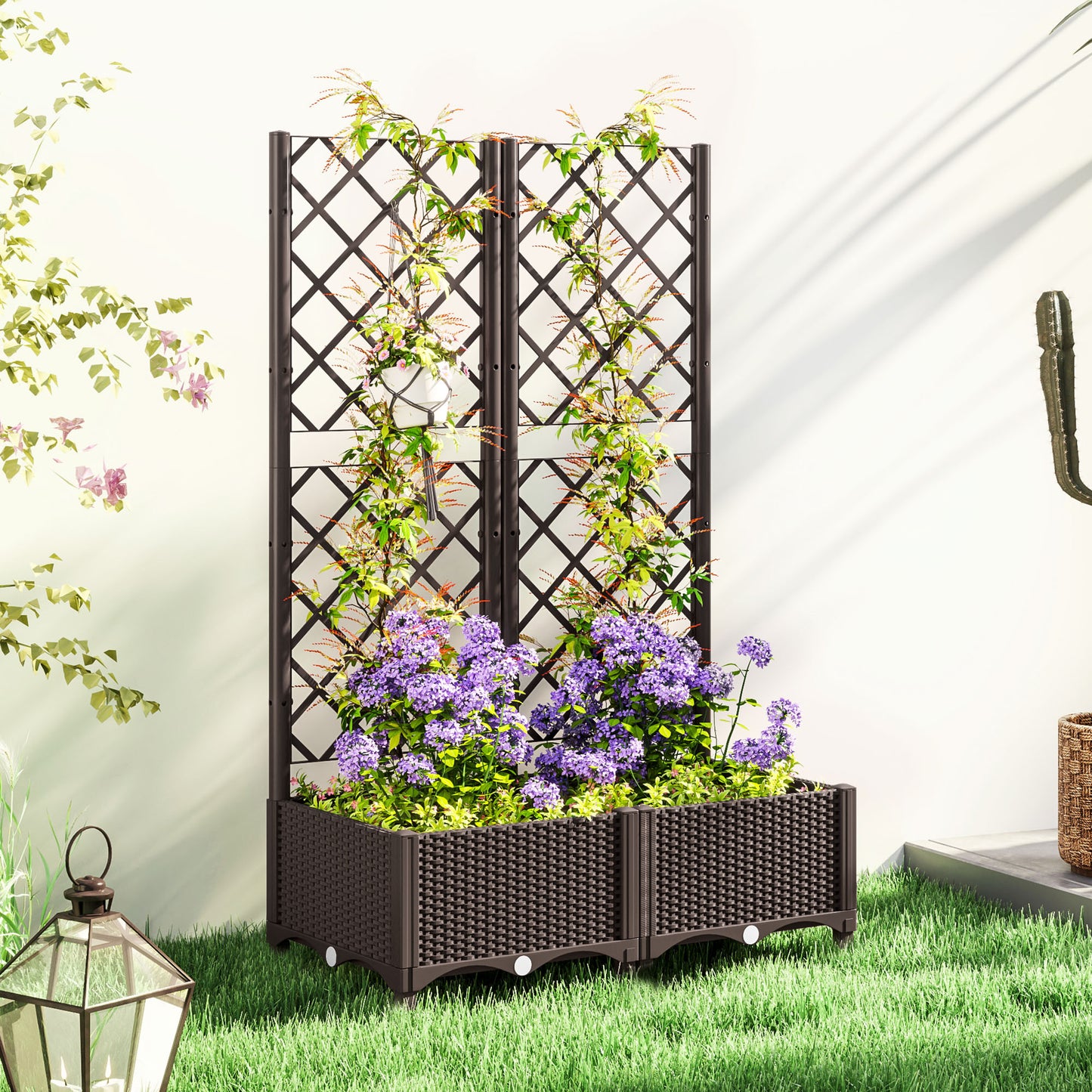 Outsunny Raised Garden Bed With Trellis Plastic Planter Box For Climbing Plants Vegetables And Flowers With Drainage