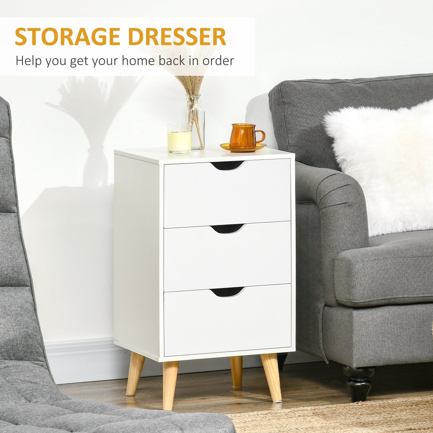 HOMCOM Set of 2 Bedside Tables Modern Nightstands With 3 Drawers and Solid Pine Wood Legs White
