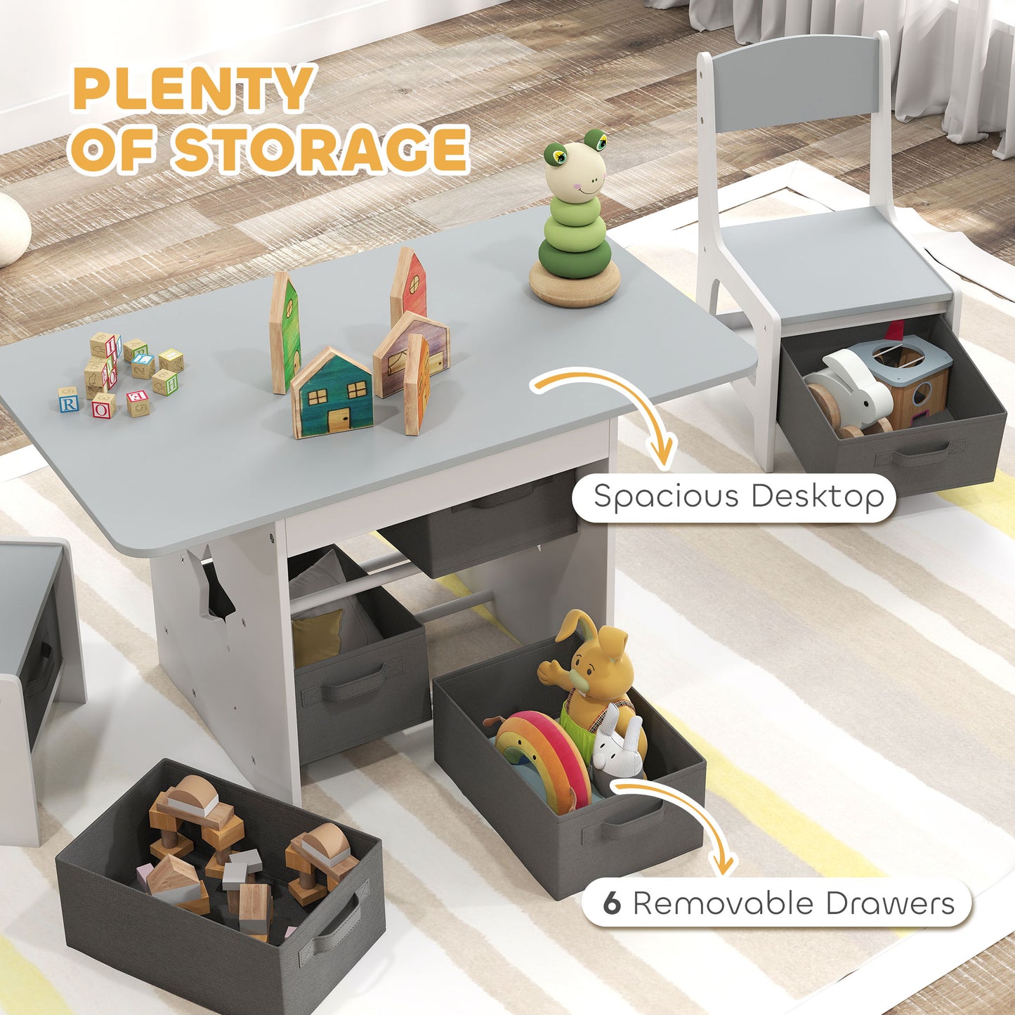 AIYAPLAY Kids Table and Chair Set With Six Removable Drawers for Boys and Girls Ages Three to Eight Light Grey