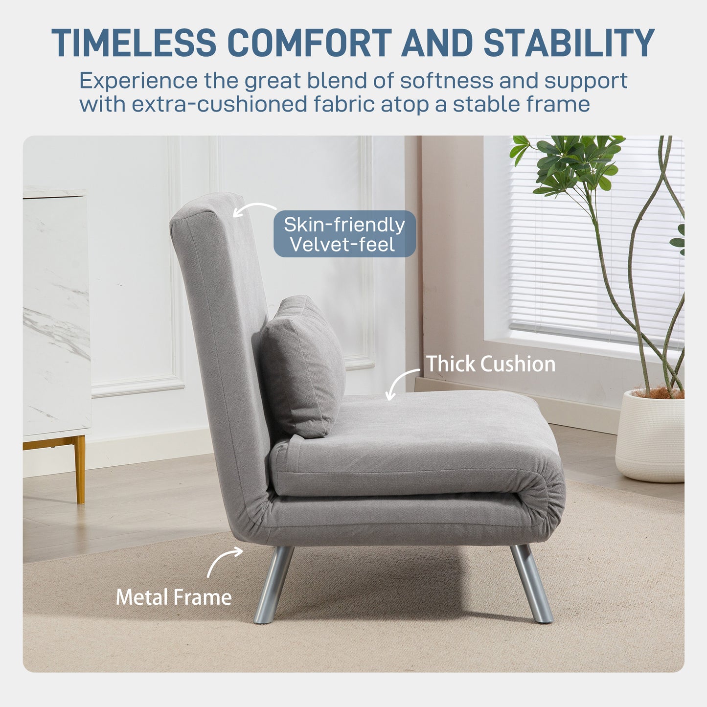 HOMCOM Snow Flannel Chair Bed With Click Clack Mechanism Grey Converts From Chair To Chaise Or Bed