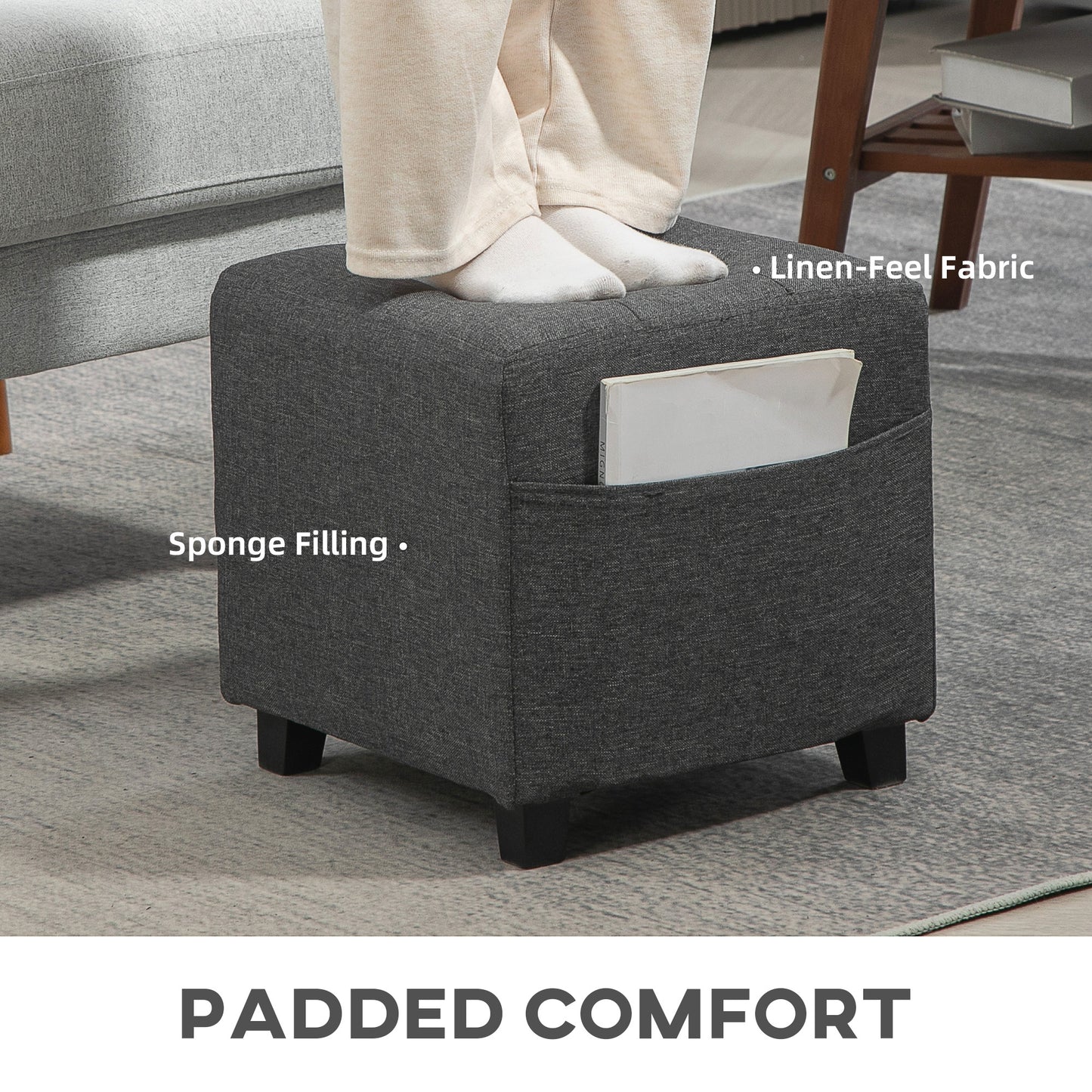HOMCOM Square Footstool With Side Pocket Linen Fabric Ottoman Padded Seat Rubber Wood Legs Grey 35cm