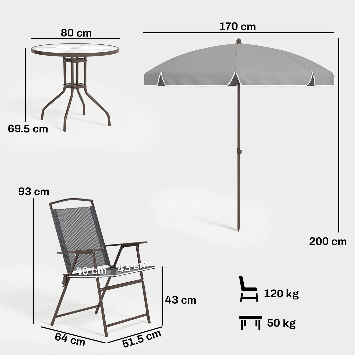 Outsunny 6 Piece Garden Dining Set With Umbrella Parasol Round Glass Table And 4 Folding Chairs In Dark Grey