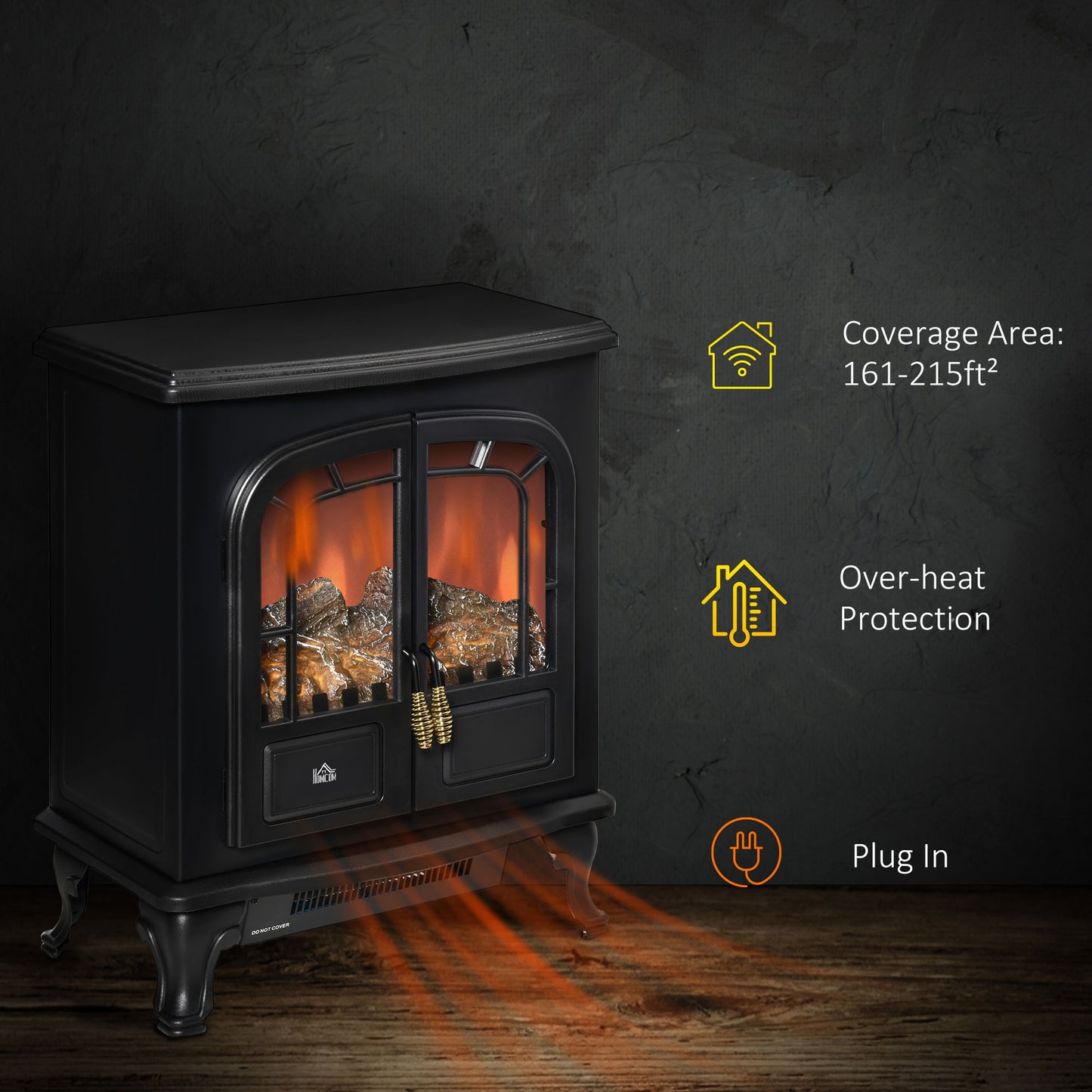 HOMCOM Freestanding Electric Fireplace Heater with Adjustable Flame Effects, Double Door Design, Overheat Protection, 1000W/2000W, Compact Black Finish - ALL4U RETAILER LTD