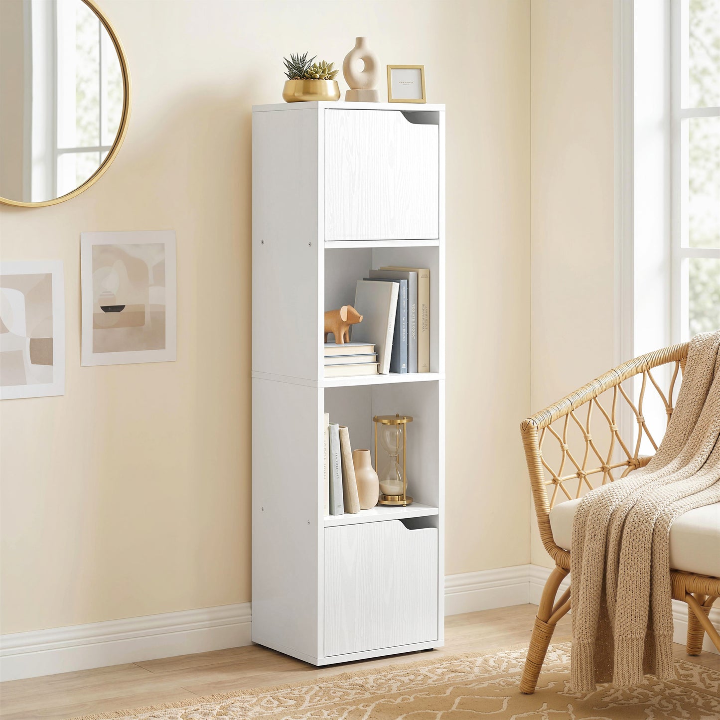HOMCOM Narrow 4 Tier Bookcase With Doors Storage Cabinet White For Living Room And Bedroom