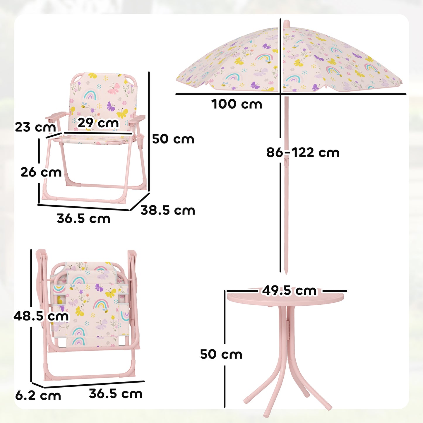 AIYAPLAY 4-Piece Foldable Kids Garden Table and Chair Set With Adjustable Parasol Pink Rainbow Pattern for Ages 2-5