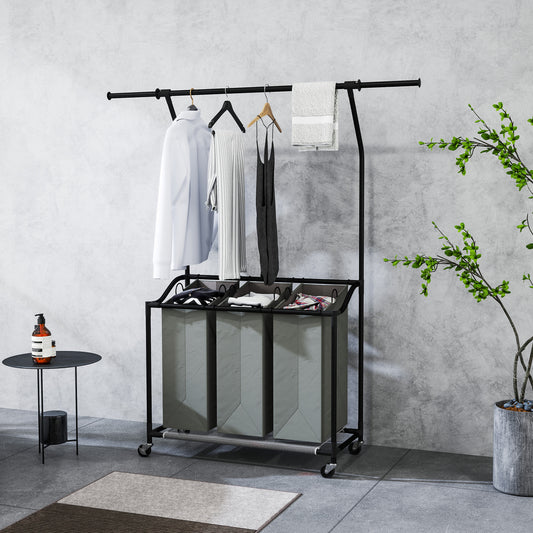HOMCOM 3x 42L Laundry Basket Unit With Hanging Rail On Wheels Black And Grey With Four Wheels And Brakes