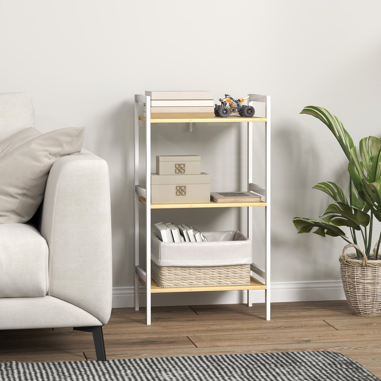 HOMCOM Bamboo Bathroom Shelf Storage Unit With Three Tier Design And Five Adjustable Levels