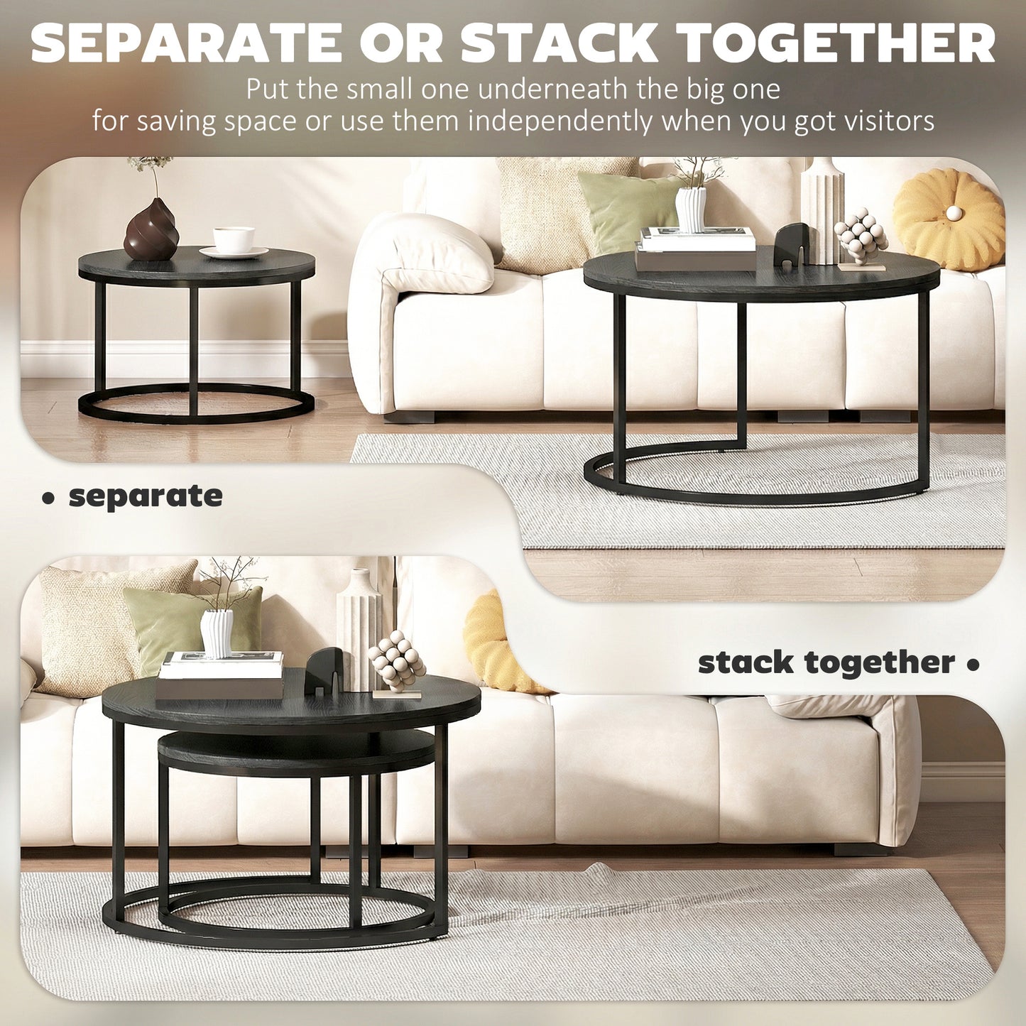 HOMCOM Set Of Two Wood Effect Stacking Tables In Black Wood Grain For Space Saving Living Room Decor