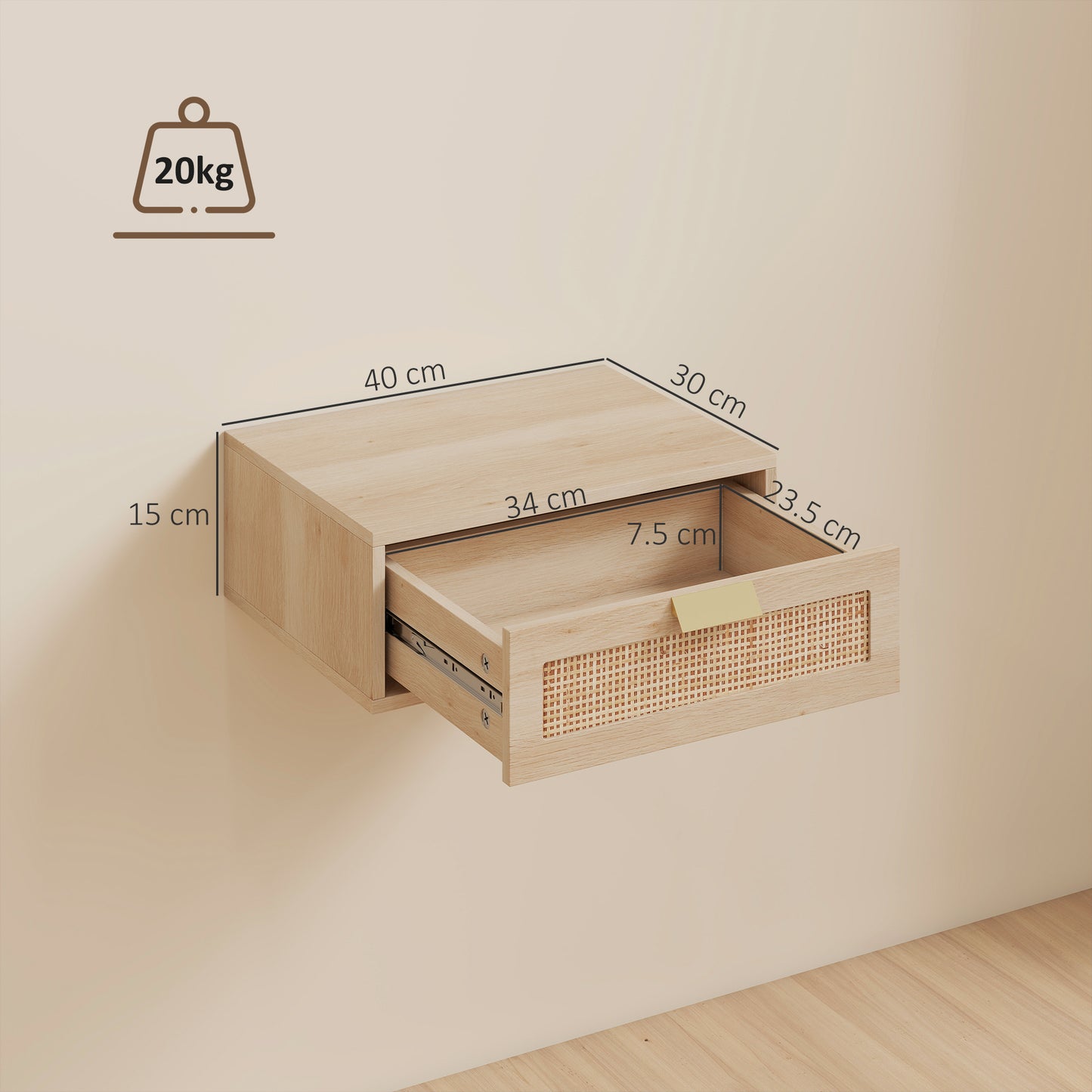 HOMCOM Floating Bedside Tables Set Of 2 Wall Mounted Cabinets With Rattan Drawer And Oak Wood Effect