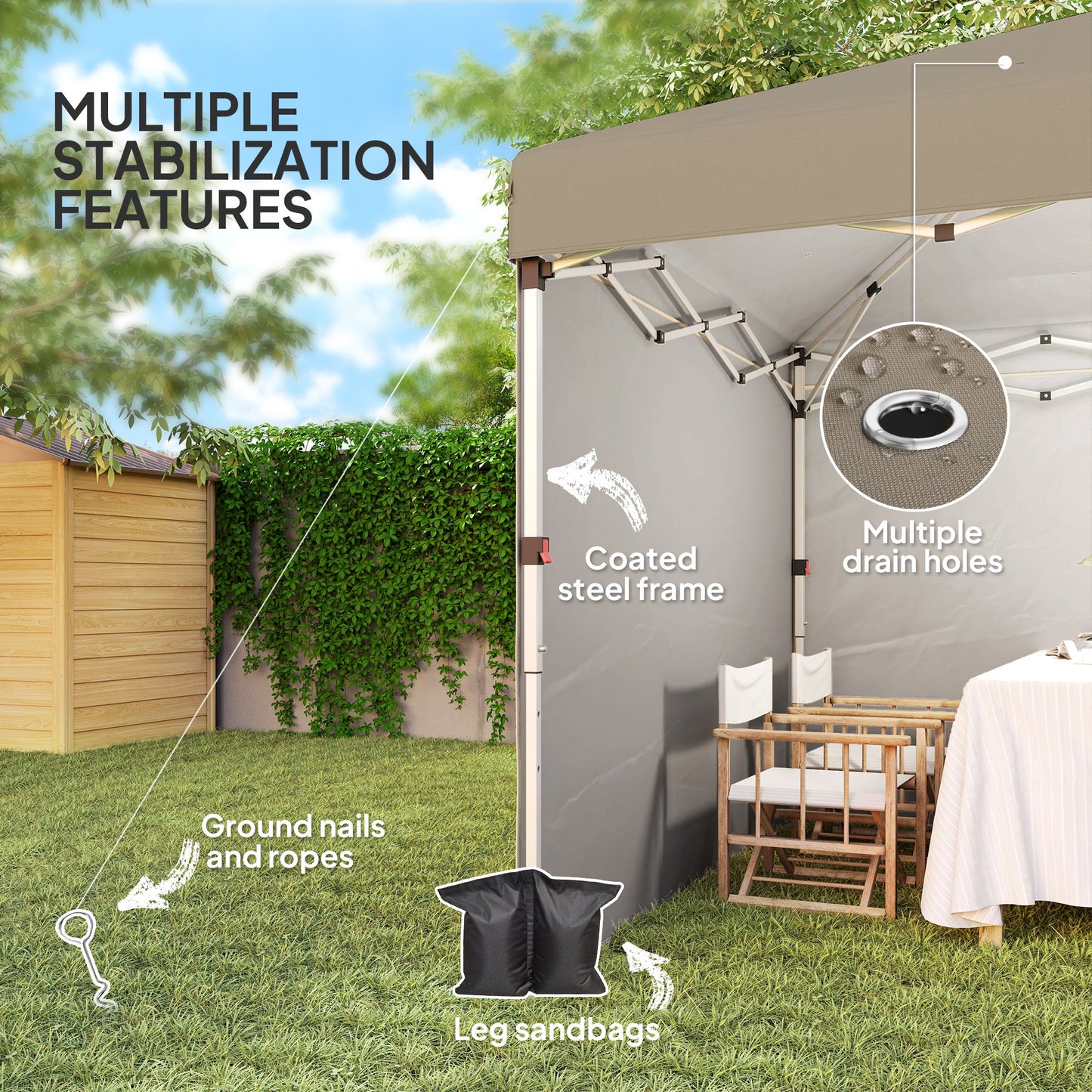 Outsunny 3x3 Pop Up Gazebo M Height Adjustable UPF 30+ With 2 Sidewalls Leg Weight Bags Wheeled Bag Khaki