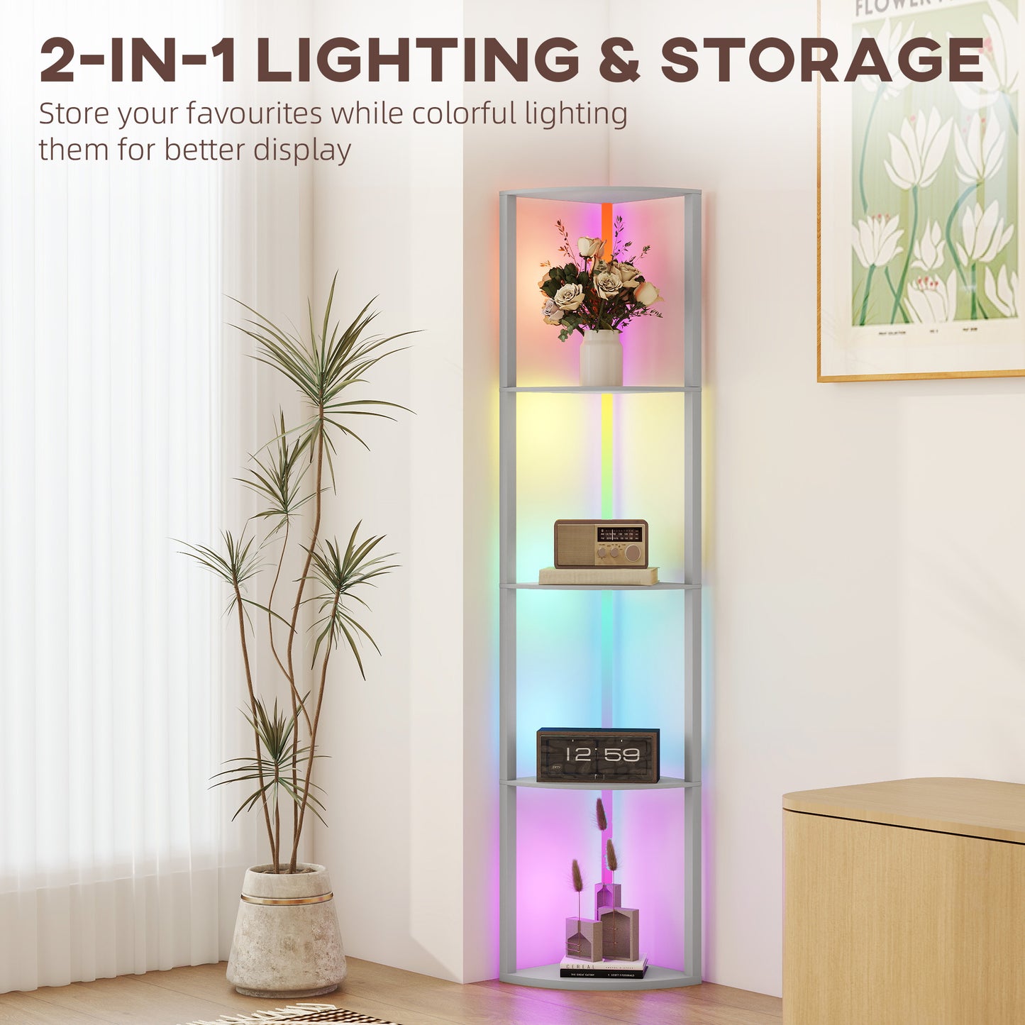 HOMCOM RGB LED Floor Lamp With Shelves 5 Tier Dimmable Standing Lamp Remote Control For Living Room Bedroom Office Grey