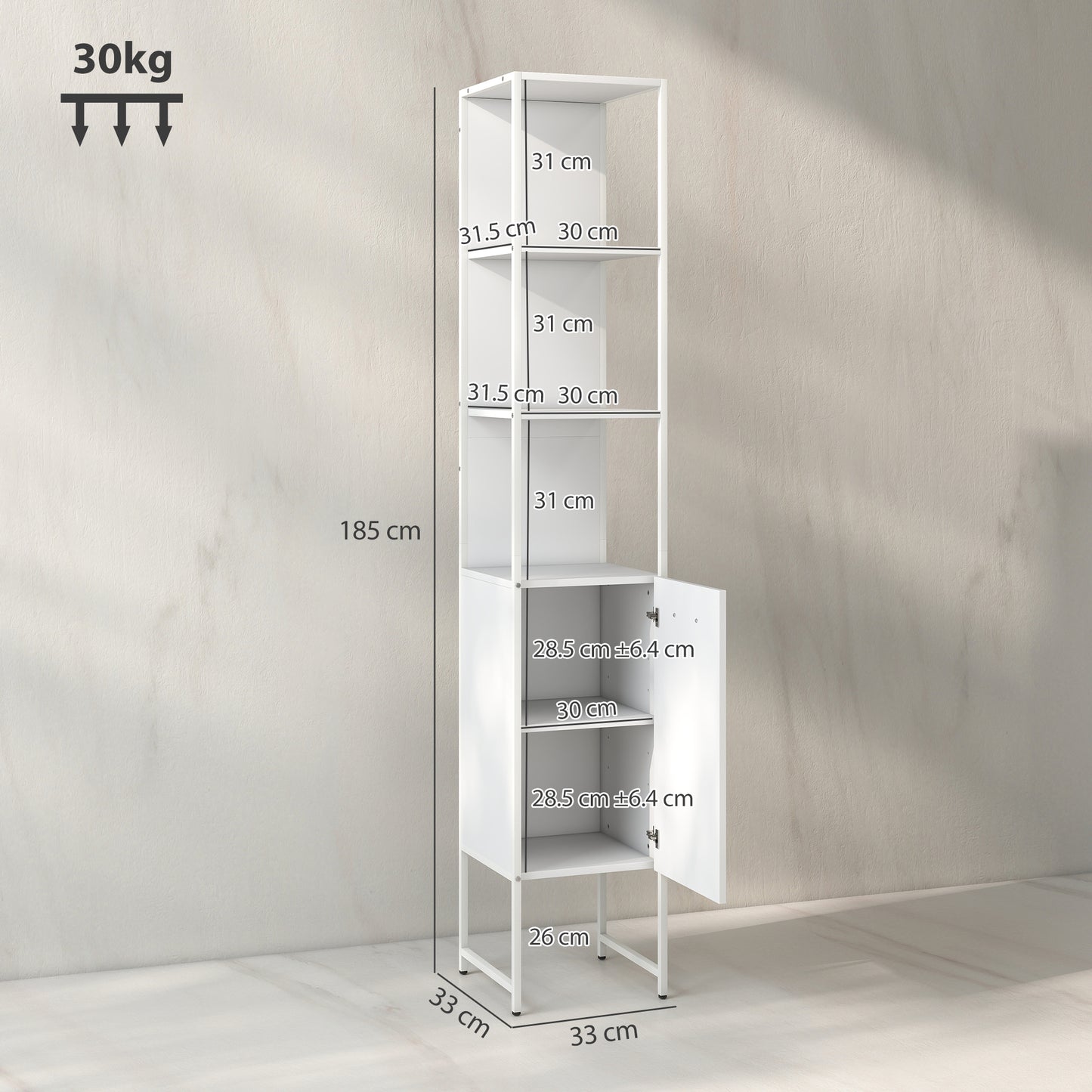 HOMCOM Tall Slim Bathroom Cabinet With Open Shelves And Closed Compartments White Five Level Adjustable Shelf