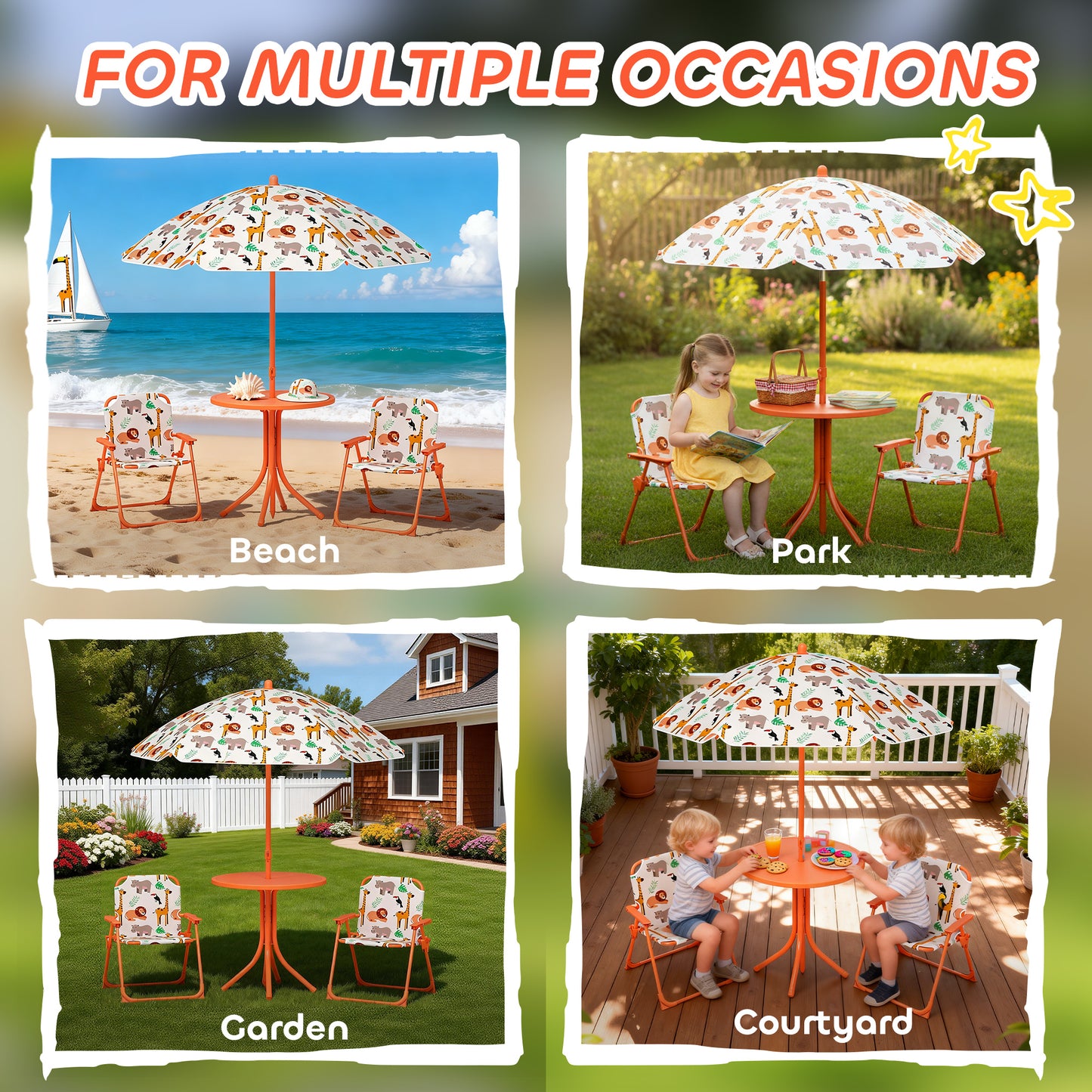 AIYAPLAY Kids Picnic Table Set With 2 Folding Chairs And Umbrella Orange Outdoor Table And Chair Set For Children