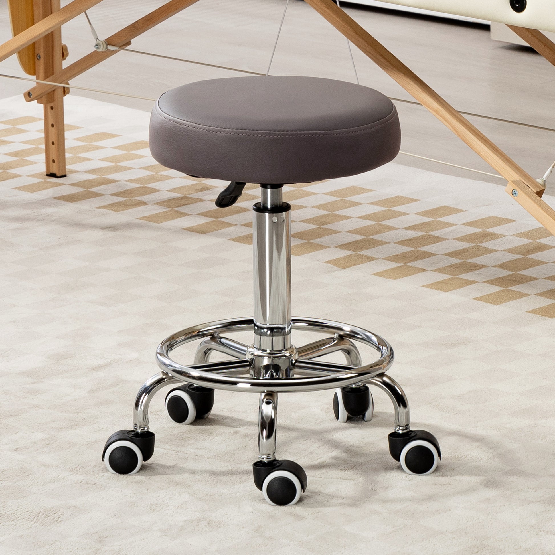 HOMCOM Adjustable Grey PU Leather Rolling Stool with Wheels for Salon and Spa - ALL4U RETAILER LTD