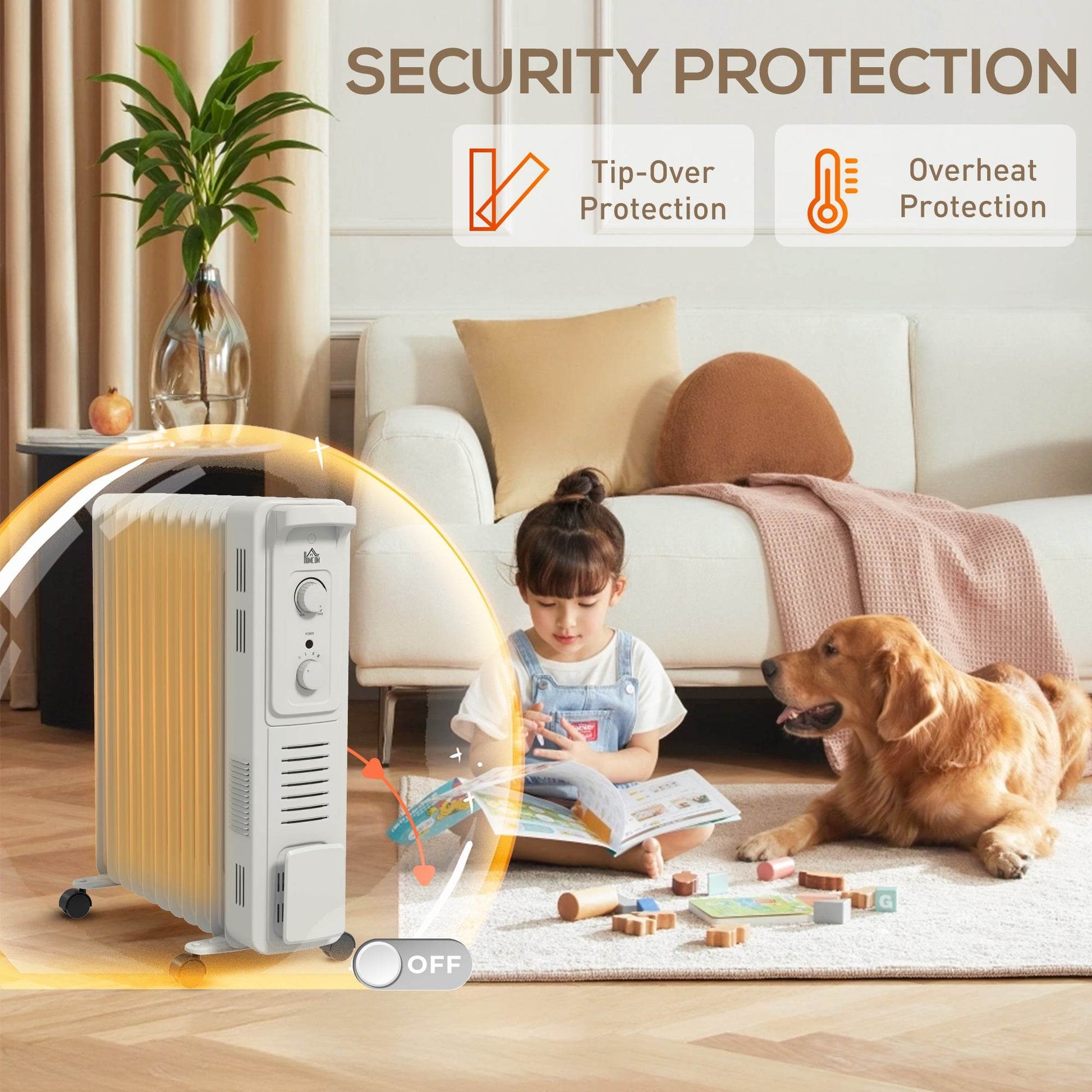 HOMCOM 2.5kW 11-Fin Oil Heater with Adjustable Thermostat - White - ALL4U RETAILER LTD