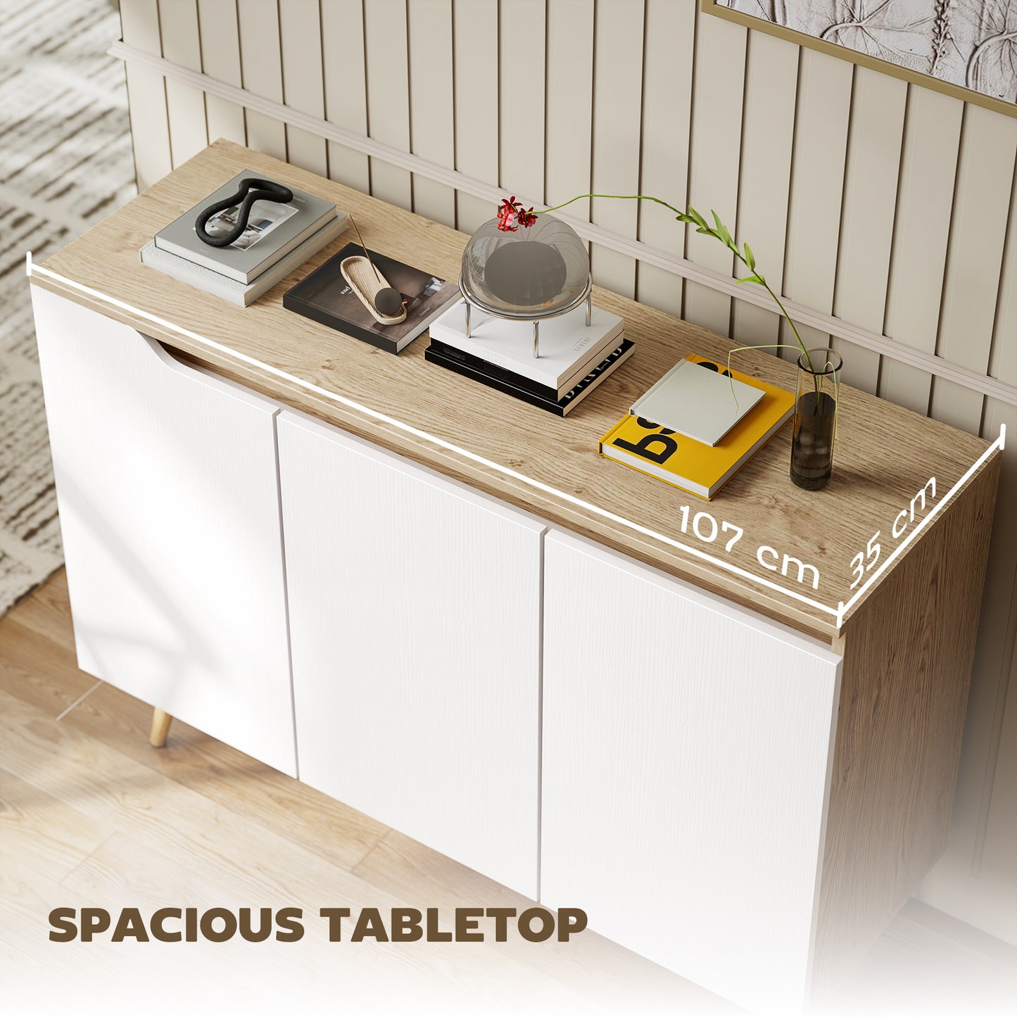 HOMCOM Sideboard Storage Cabinet Kitchen Cupboard With Three Doors And Two Adjustable Shelves White And Oak Finish