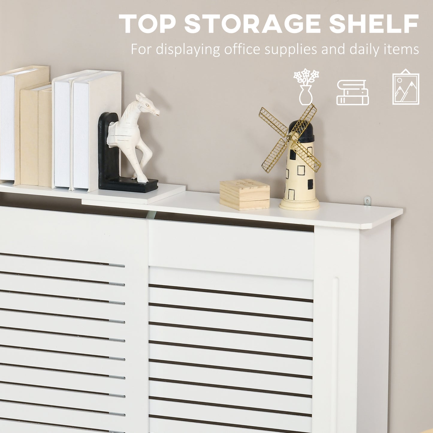HOMCOM Set of 2 MDF Extendable Radiator Covers with Cabinet Shelving for Home Office White Slatted Design