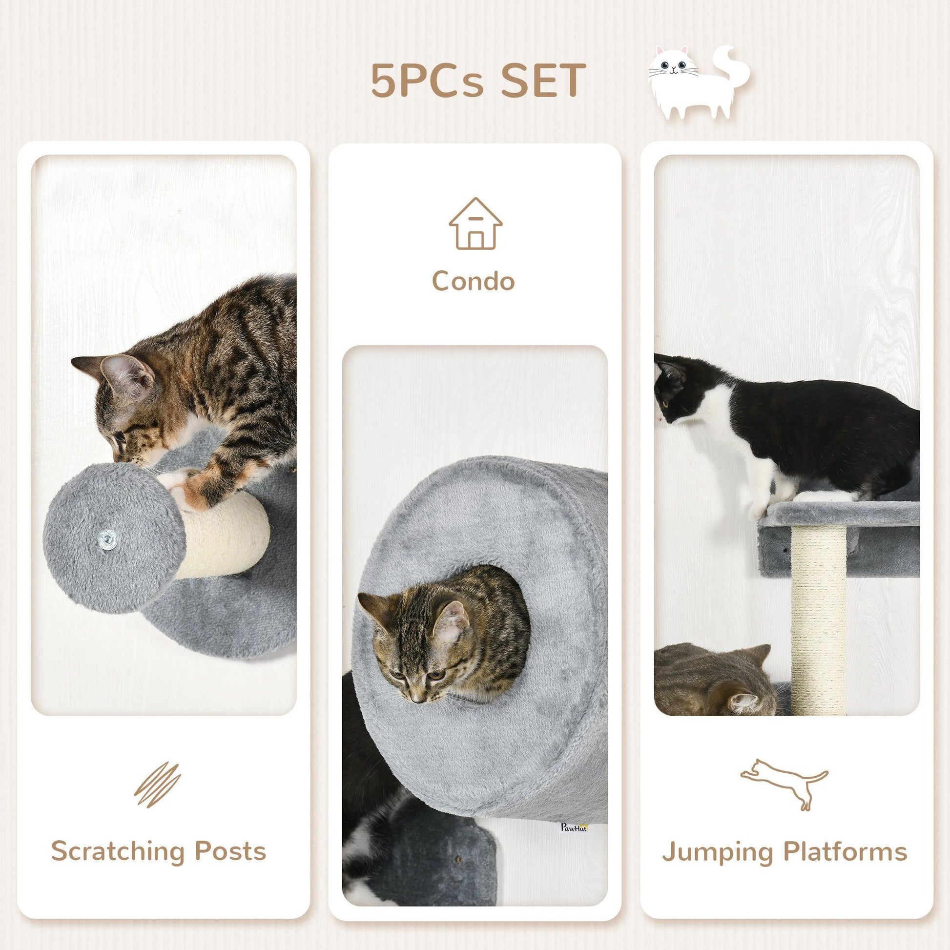 PawHut Grey Cat Wall Furniture with Perch, Condo, Scratching Post - 5Pcs - ALL4U RETAILER LTD