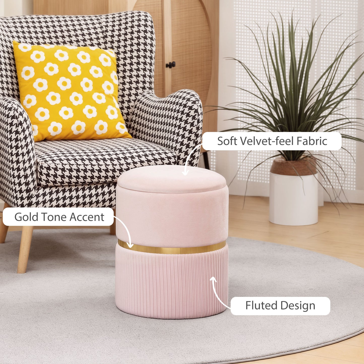 HOMCOM Velvet Feel Storage Ottoman Pink with Under Seat Storage MDF Frame Multifunctional