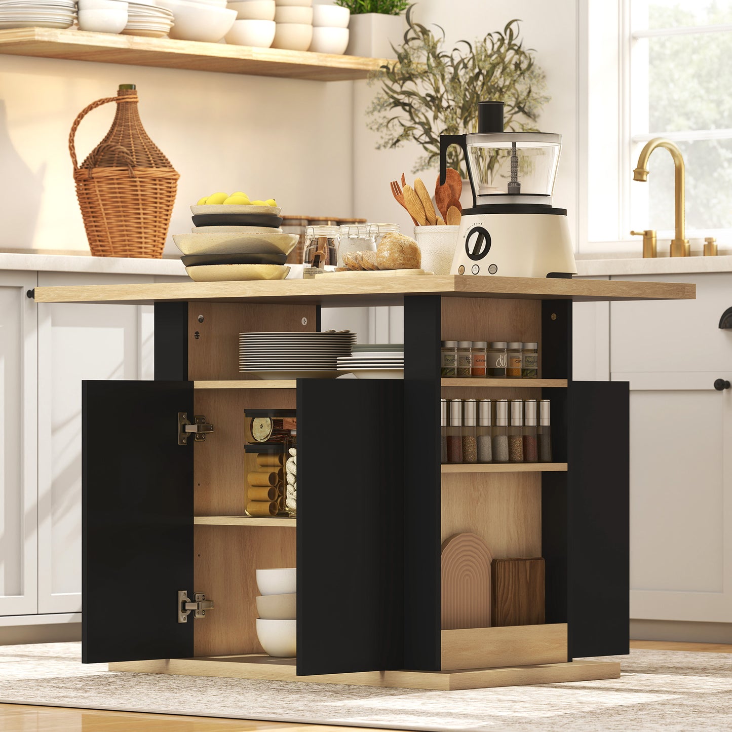 HOMCOM Kitchen Island With Spice Rack And Storage, Large Tabletop For 4 People, Adjustable Shelves, Black And Natural