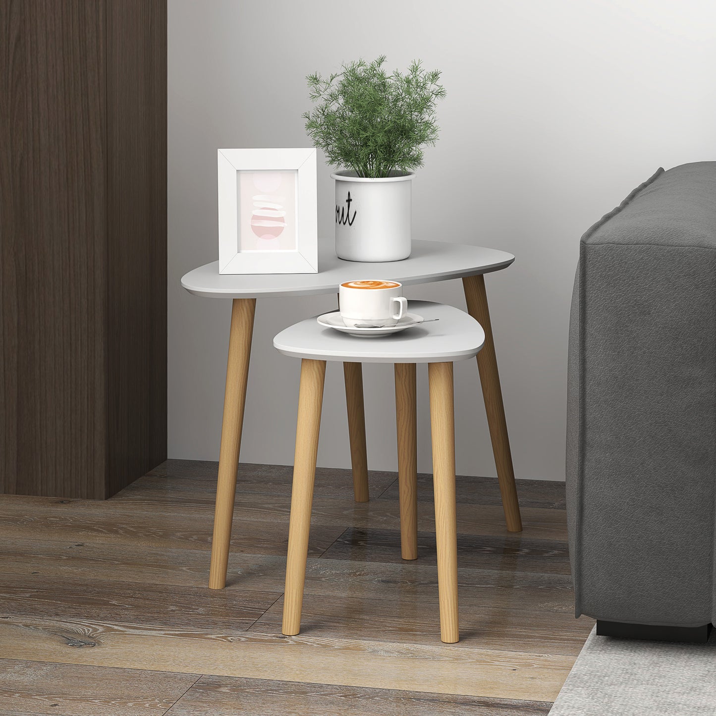 HOMCOM Nesting Coffee Table Set Of 2 With Solid Wood Legs In Light Grey For Living Room And Bedroom