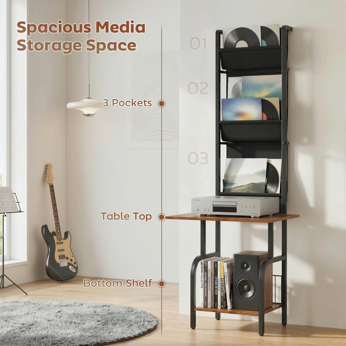 HOMCOM Vertical Vinyl Record Player Stand With Oxford Fabric Pockets Storage And Bottom Shelf Rustic Brown And Black