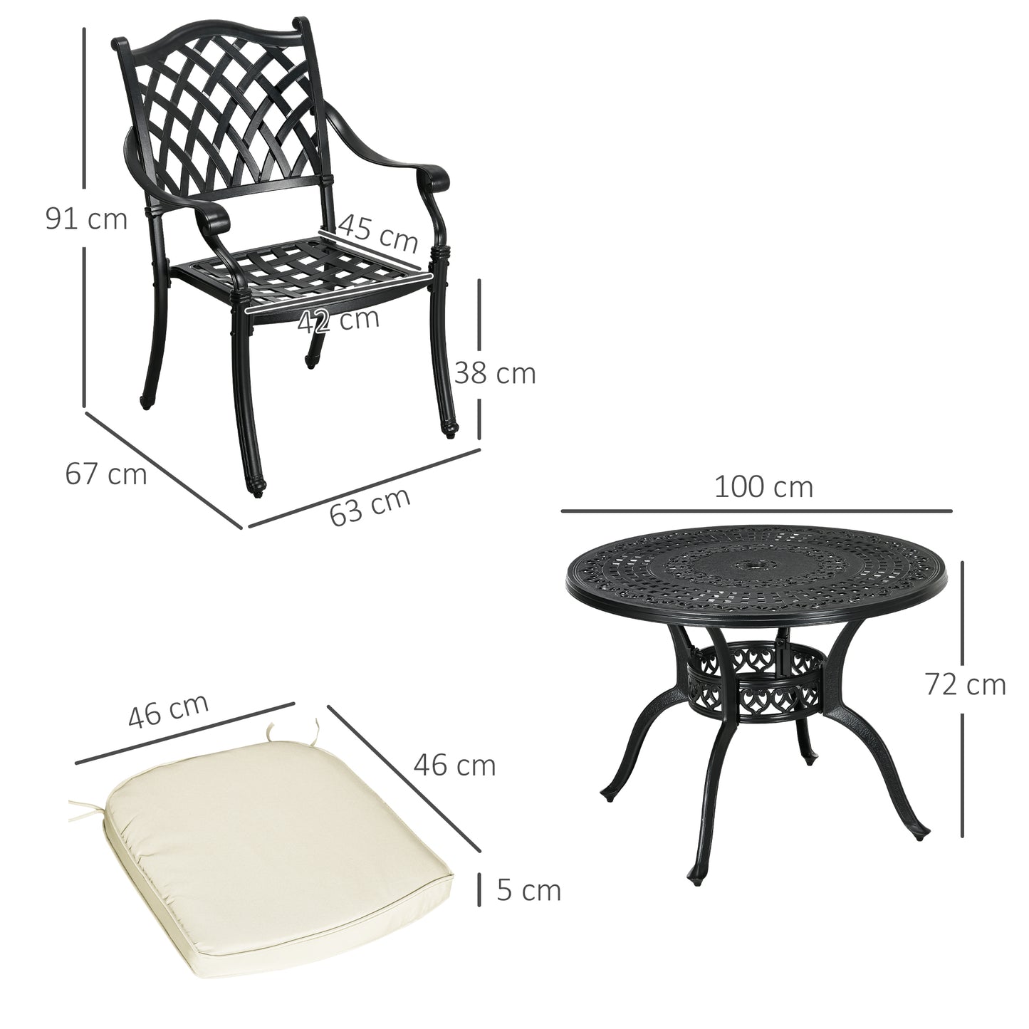 Outsunny Elegant Black Cast Aluminium 4-Seater Outdoor Dining Set with Cushions and Parasol Hole - ALL4U RETAILER LTD