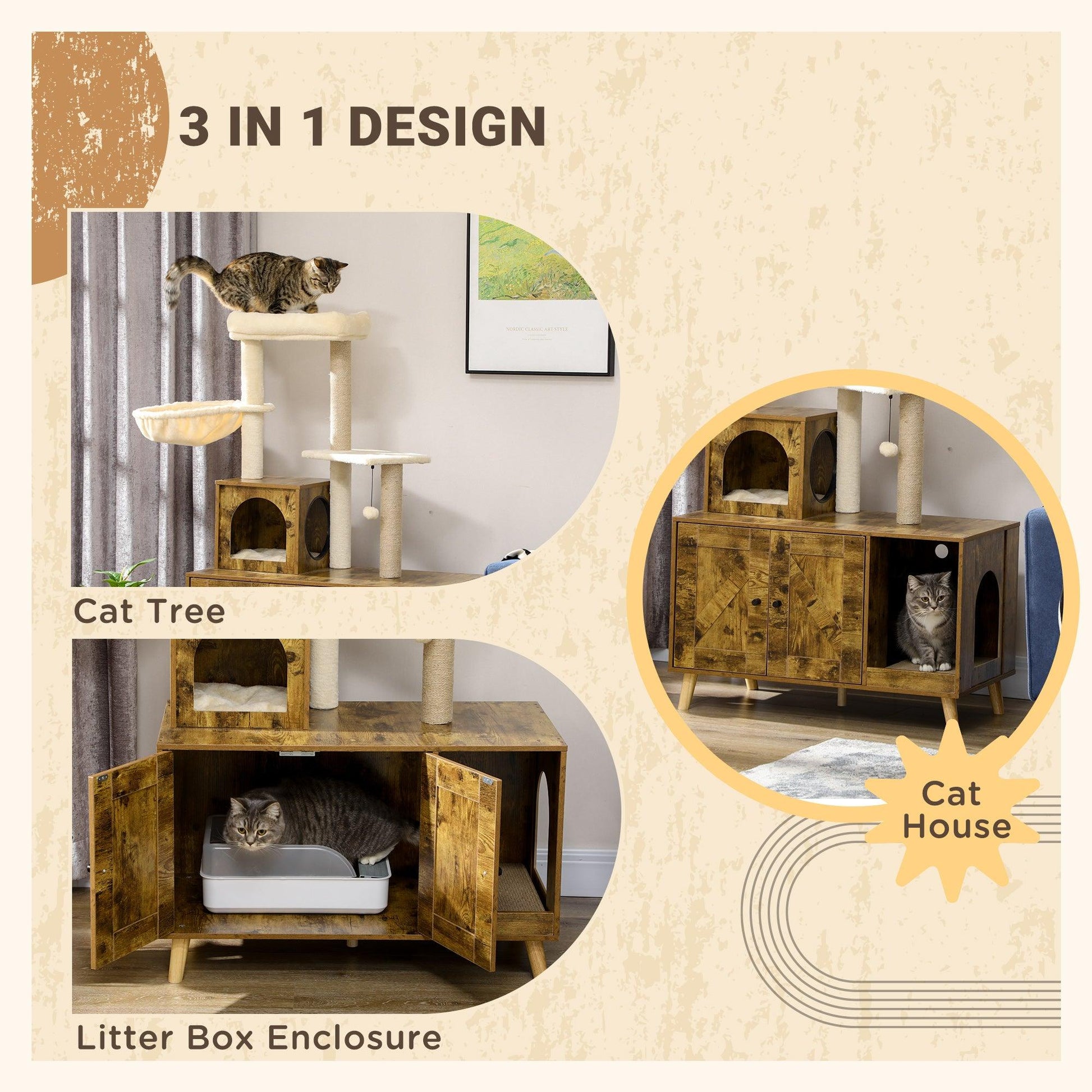 PawHut Rustic Brown Cat Litter Box Enclosure with Tree Tower, Cat House, Hammock - ALL4U RETAILER LTD