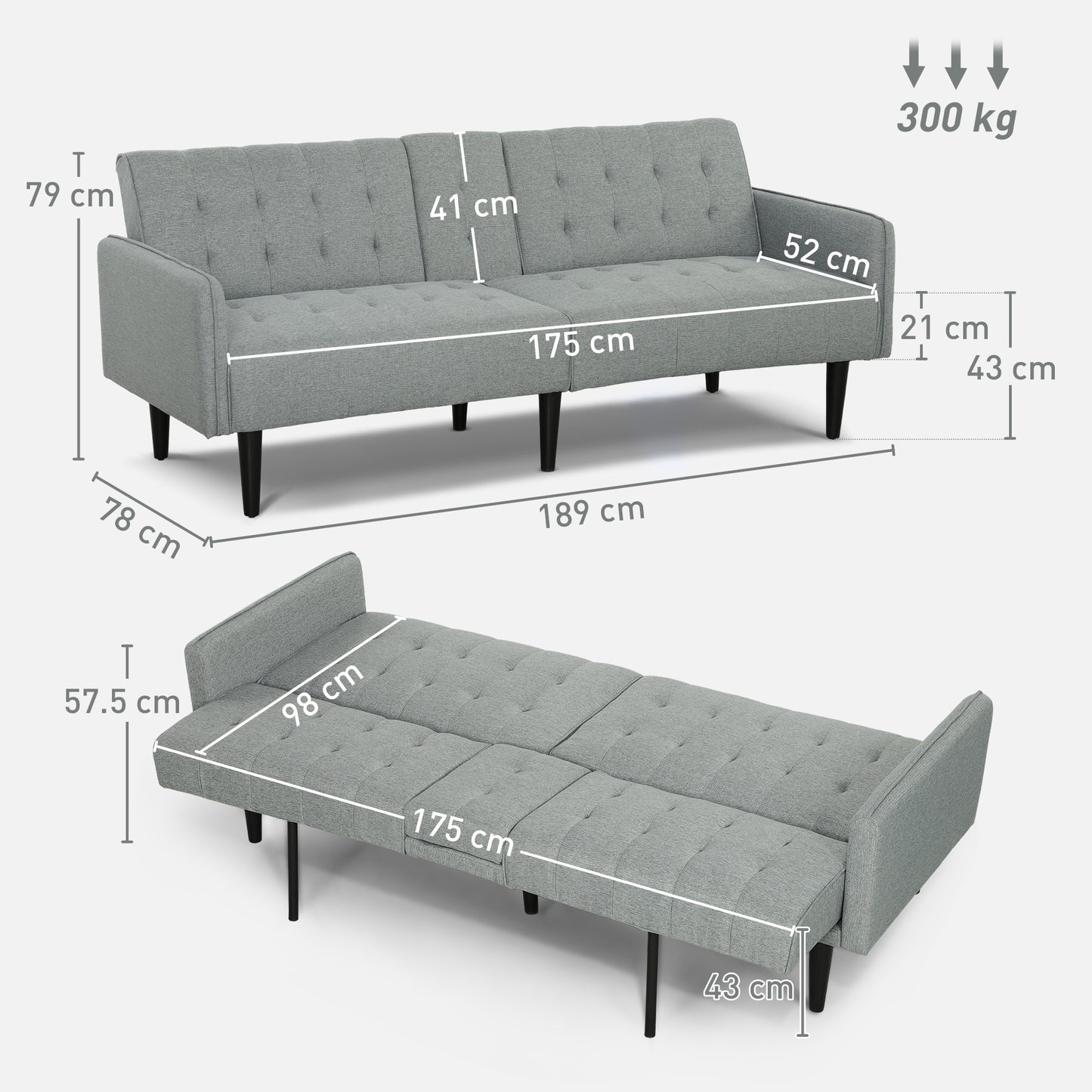 HOMCOM Three Seater Sofa Bed With Cupholders Light Grey For Small Spaces And Guest Overnight Comfort