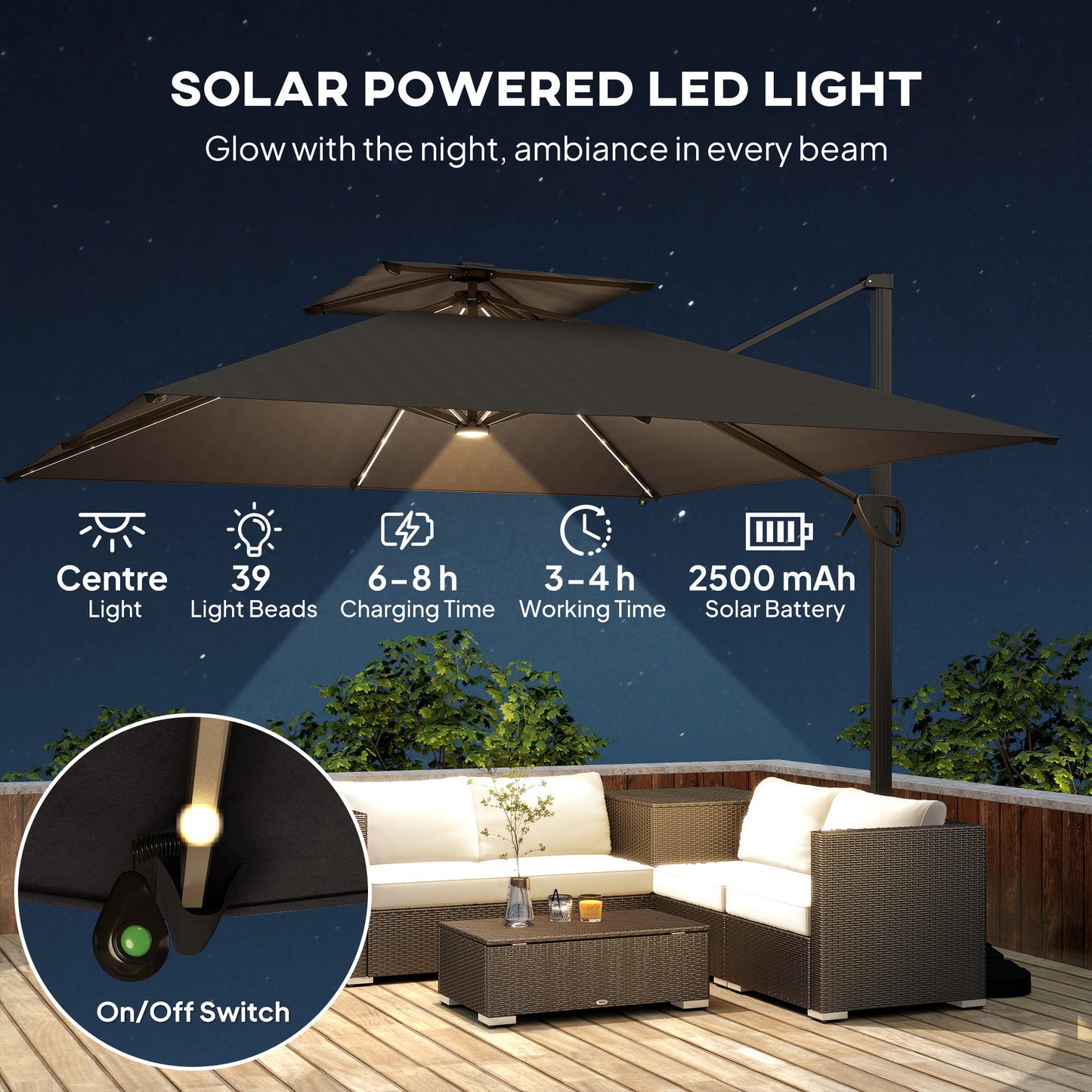 Outsunny Solar Powered LED Light Parasol Umbrella With Tilt And 360 Degree Swivel Black For Outdoor Use
