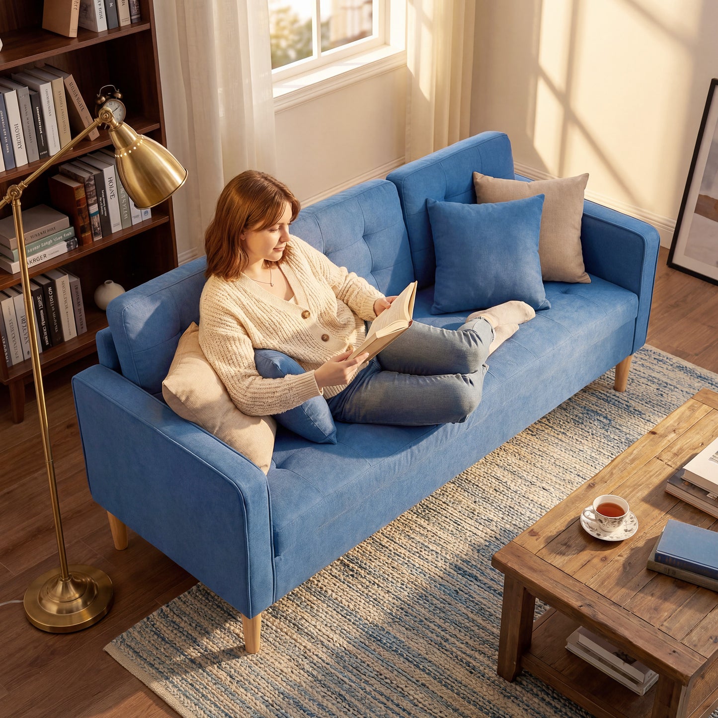 HOMCOM Three Seater Sofa Blue With Hidden Storage And Wood Legs 169cm Couch For Living Room