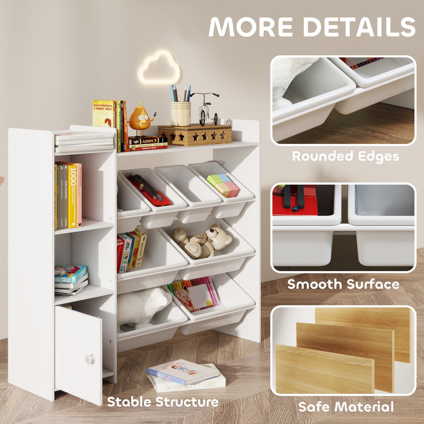 AIYAPLAY Toy Storage Unit With 8 Removable Bins And Shelves And Cabinet In White For Kids Bedrooms And Playrooms