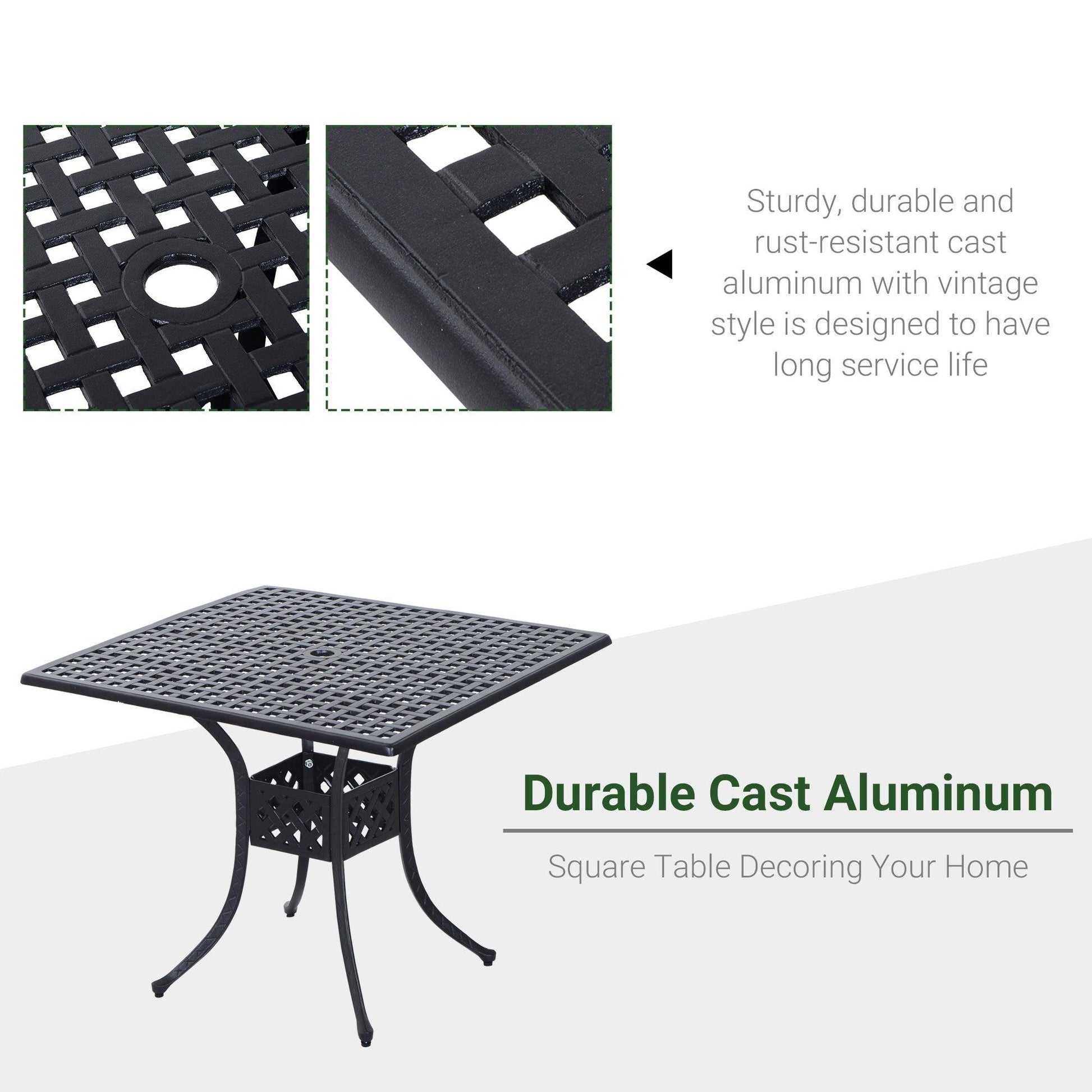 Outsunny 90cm Square Garden Table with Umbrella Hole, Aluminium Grid Motif Outdoor Dining Table for Garden Patio, Black - ALL4U RETAILER LTD