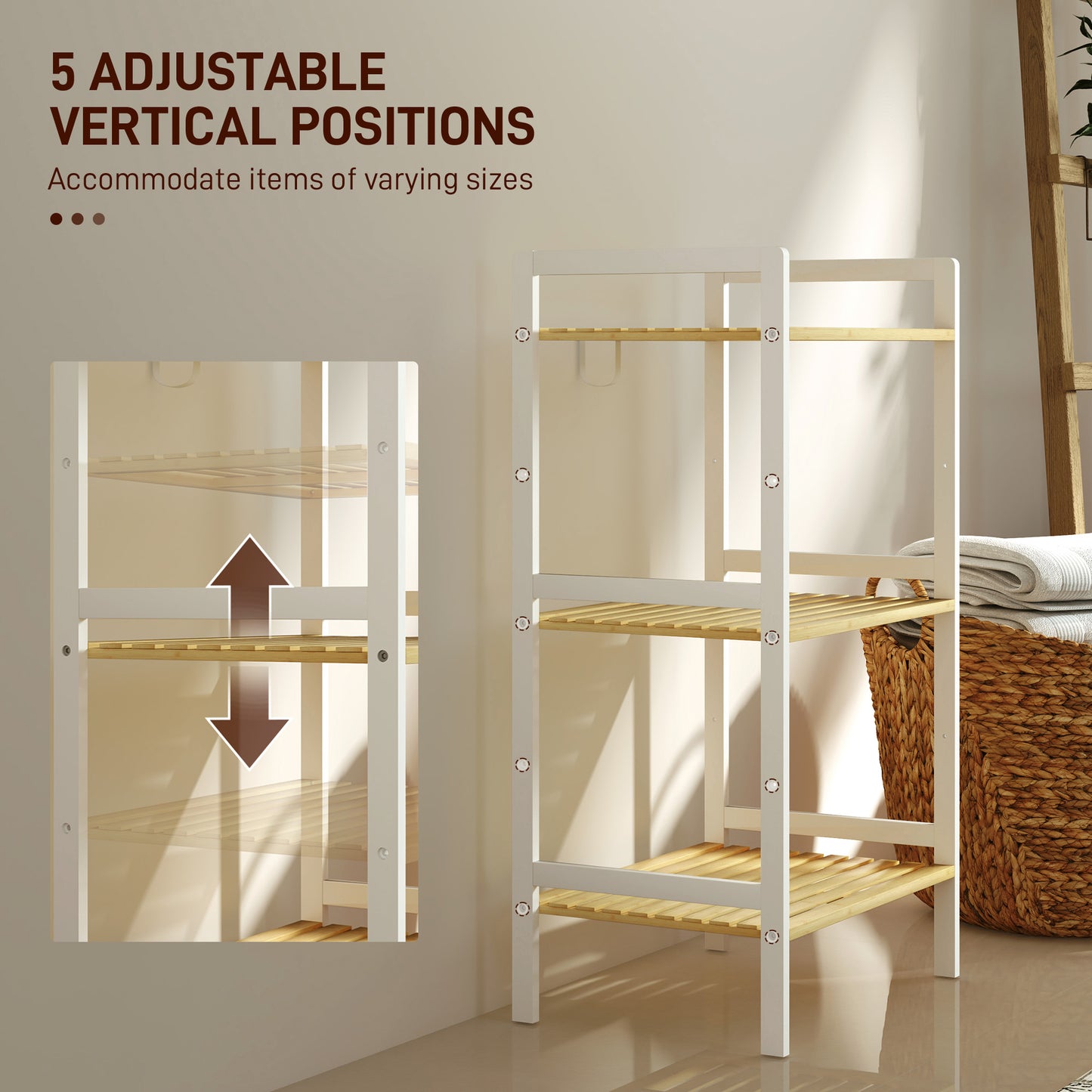 HOMCOM Bamboo Bathroom Shelf Storage Unit With Three Tier Design And Five Adjustable Levels