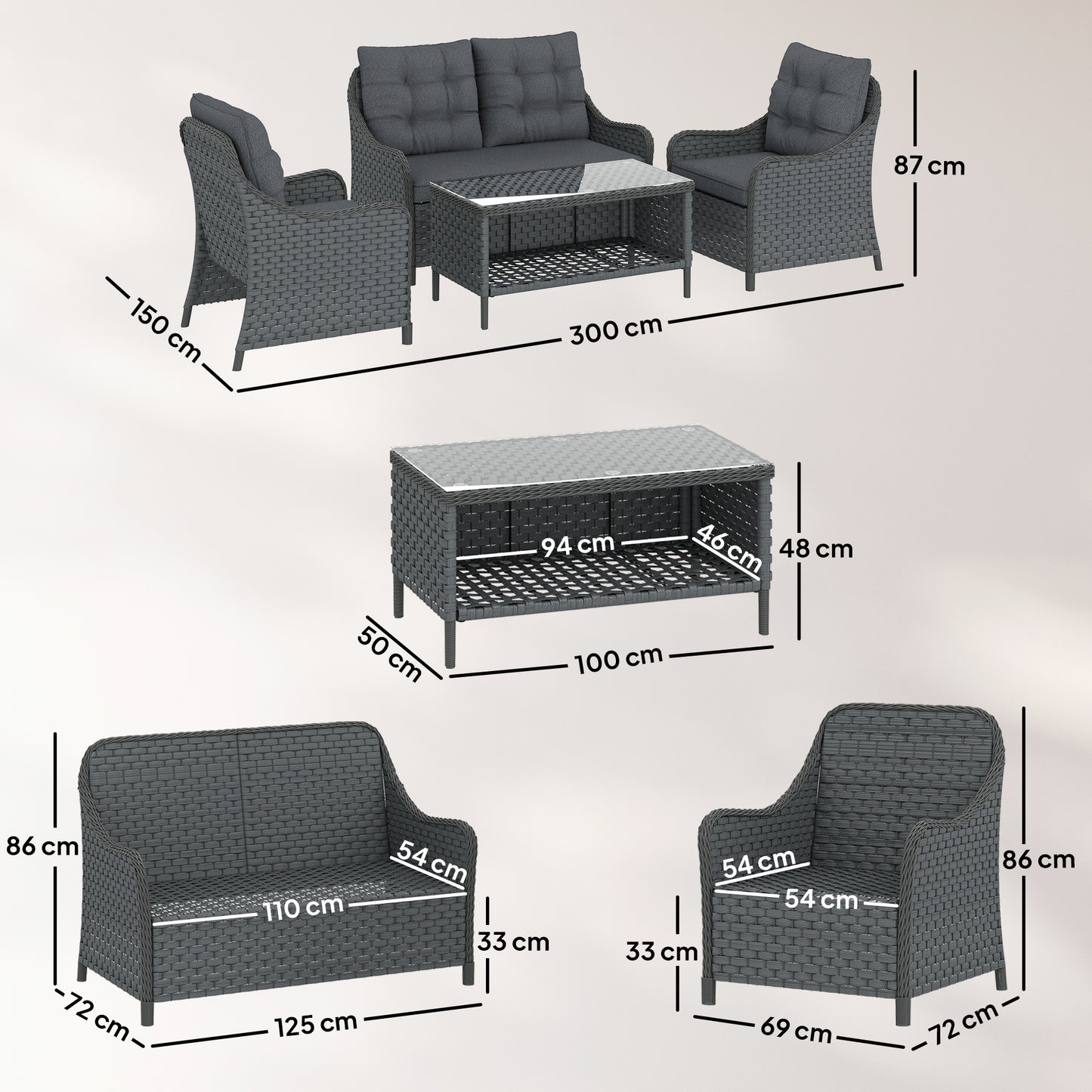 Outsunny Four Piece Wicker Patio Furniture Set With Two Armchairs Loveseat And Glass Coffee Table In Dark Grey