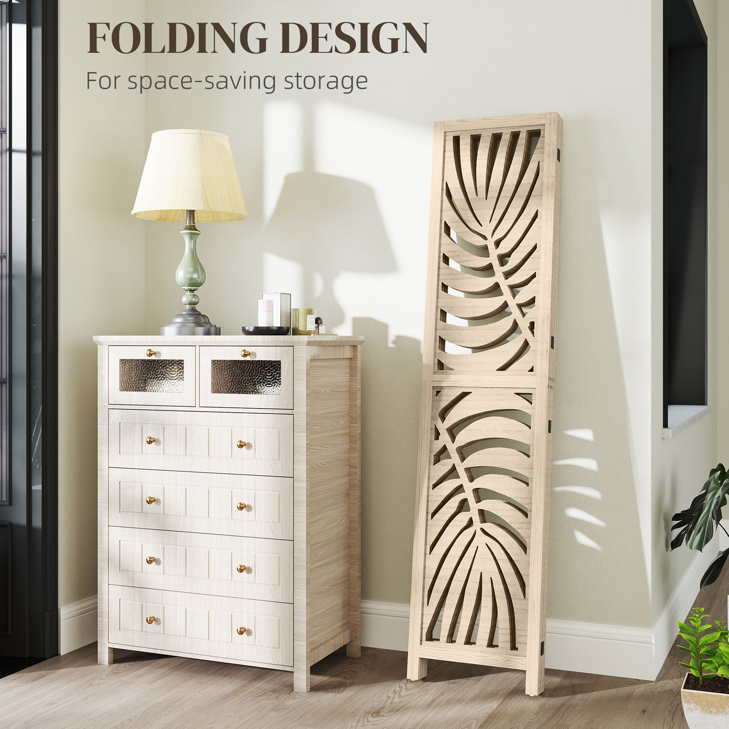 HOMCOM 4 Panel Privacy Screen Folding Room Divider Detachable Palm Leaf Design Natural Wood Finish For Home Office